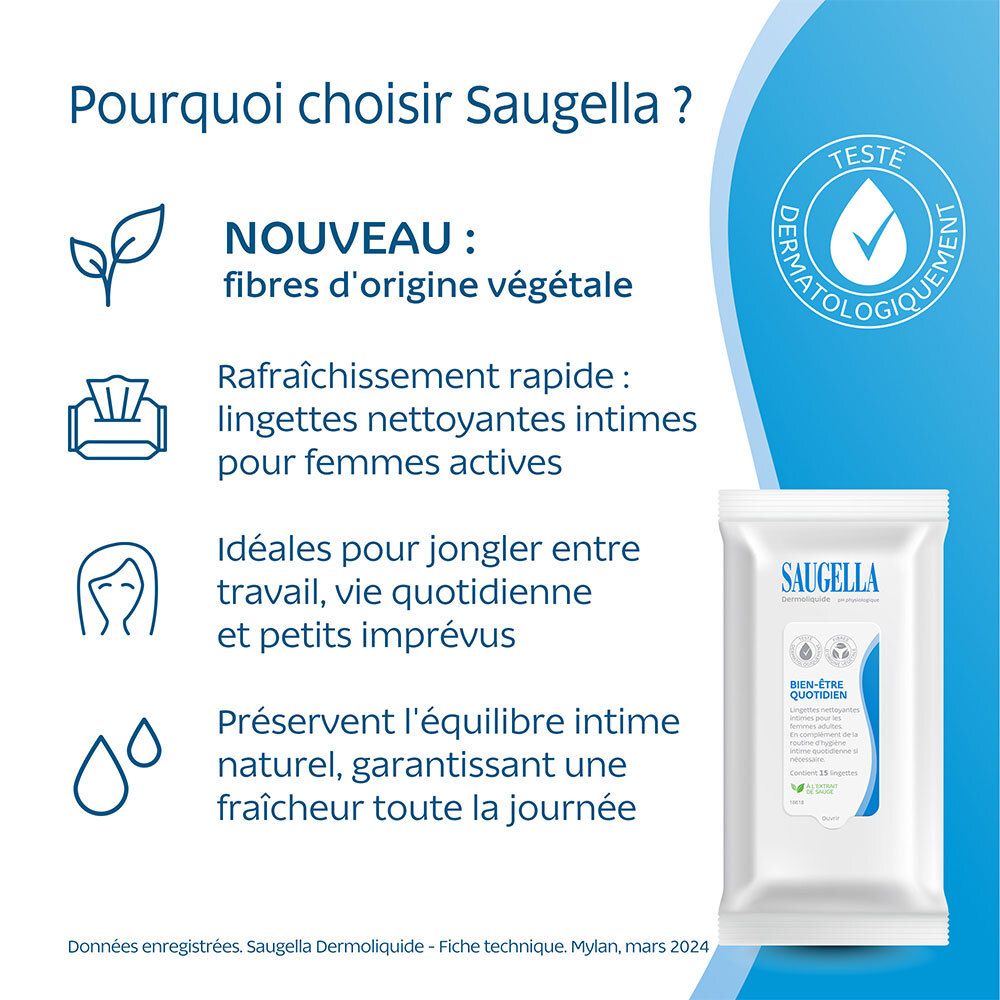 Emballage avec texte et icônes. Texte: 'Nouveau: fibres d'origine végétale'. Testé dermatologiquement.
