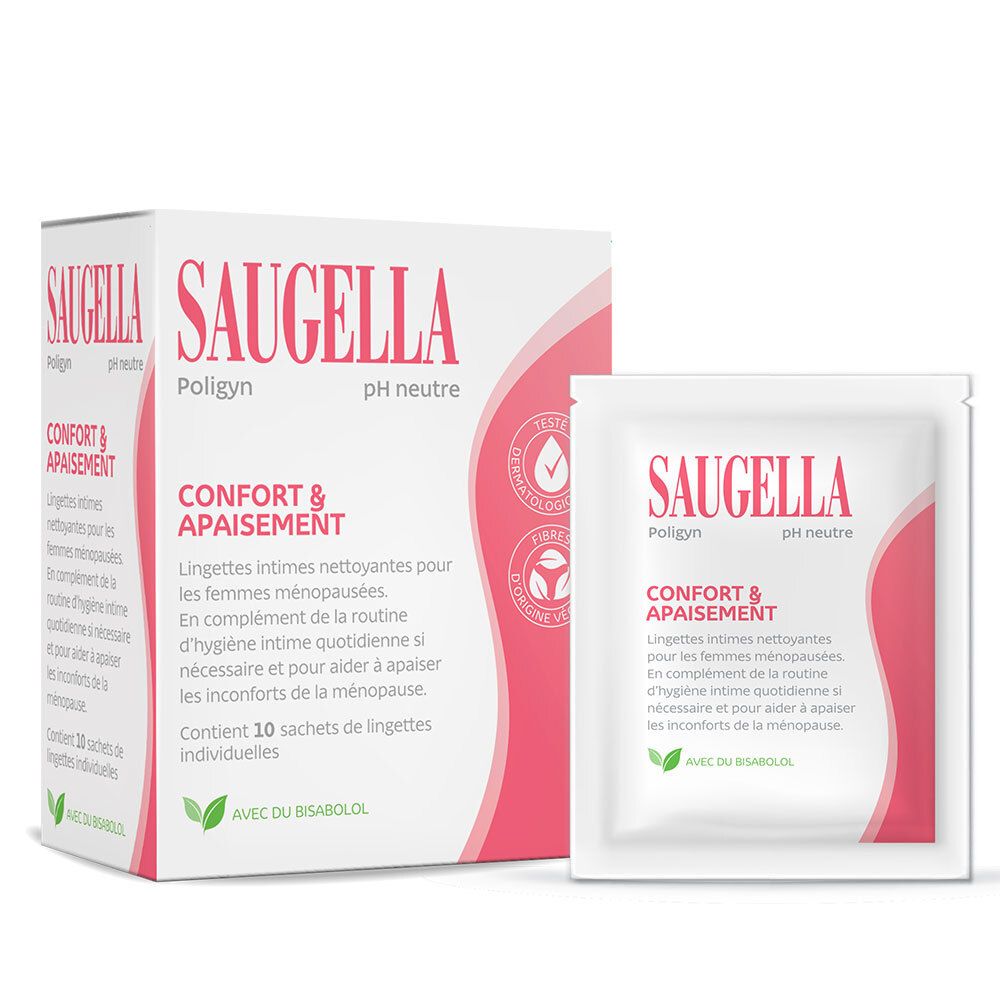 Boîte et sachet individuels blancs. Inscription : SAUGELLA, Poligyn, pH neutre, Confort & Apaisement. Contient 10 lingettes.