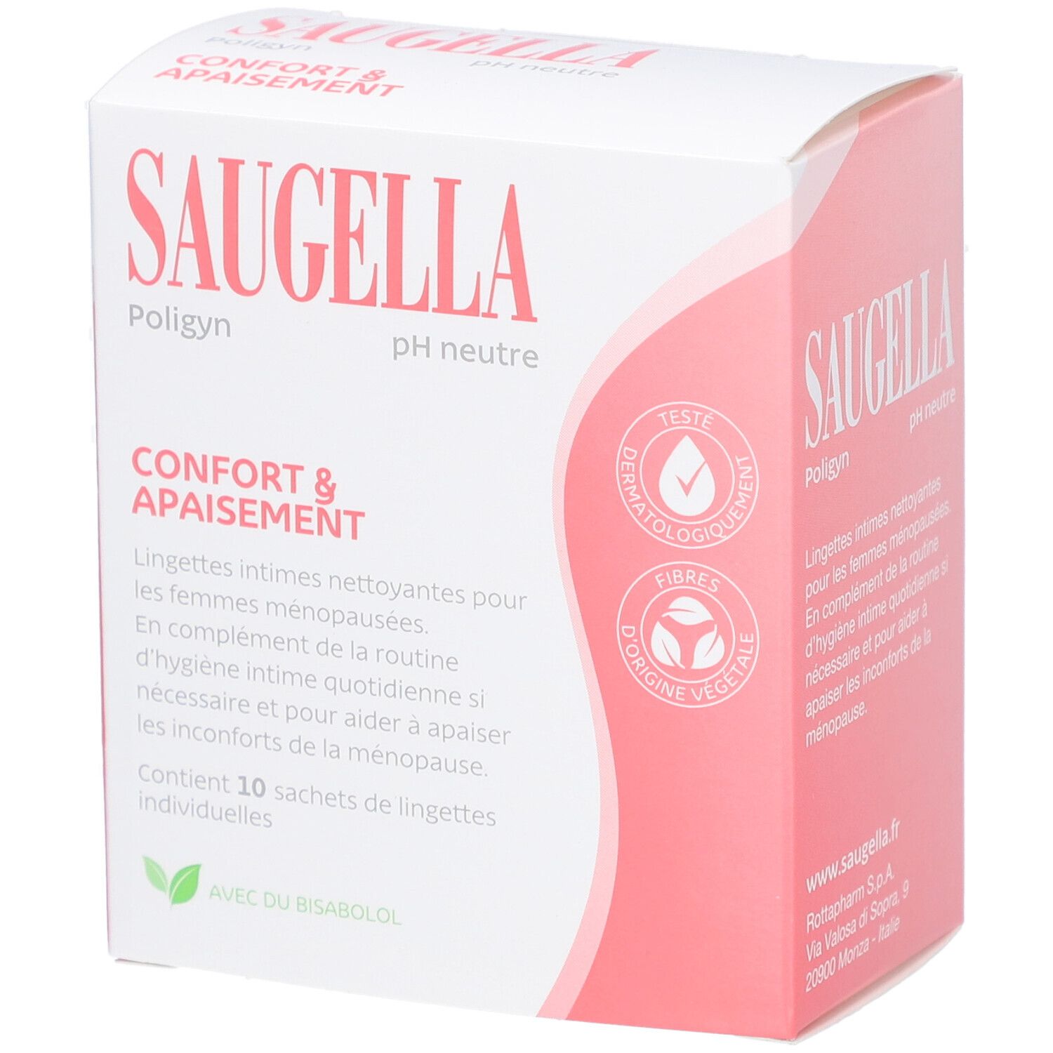 Boîte SAUGELLA Poligyn, pH neutre. Inscription: Confort & Apaisement. Contient 10 lingettes individuelles. Testé dermatologiquement.