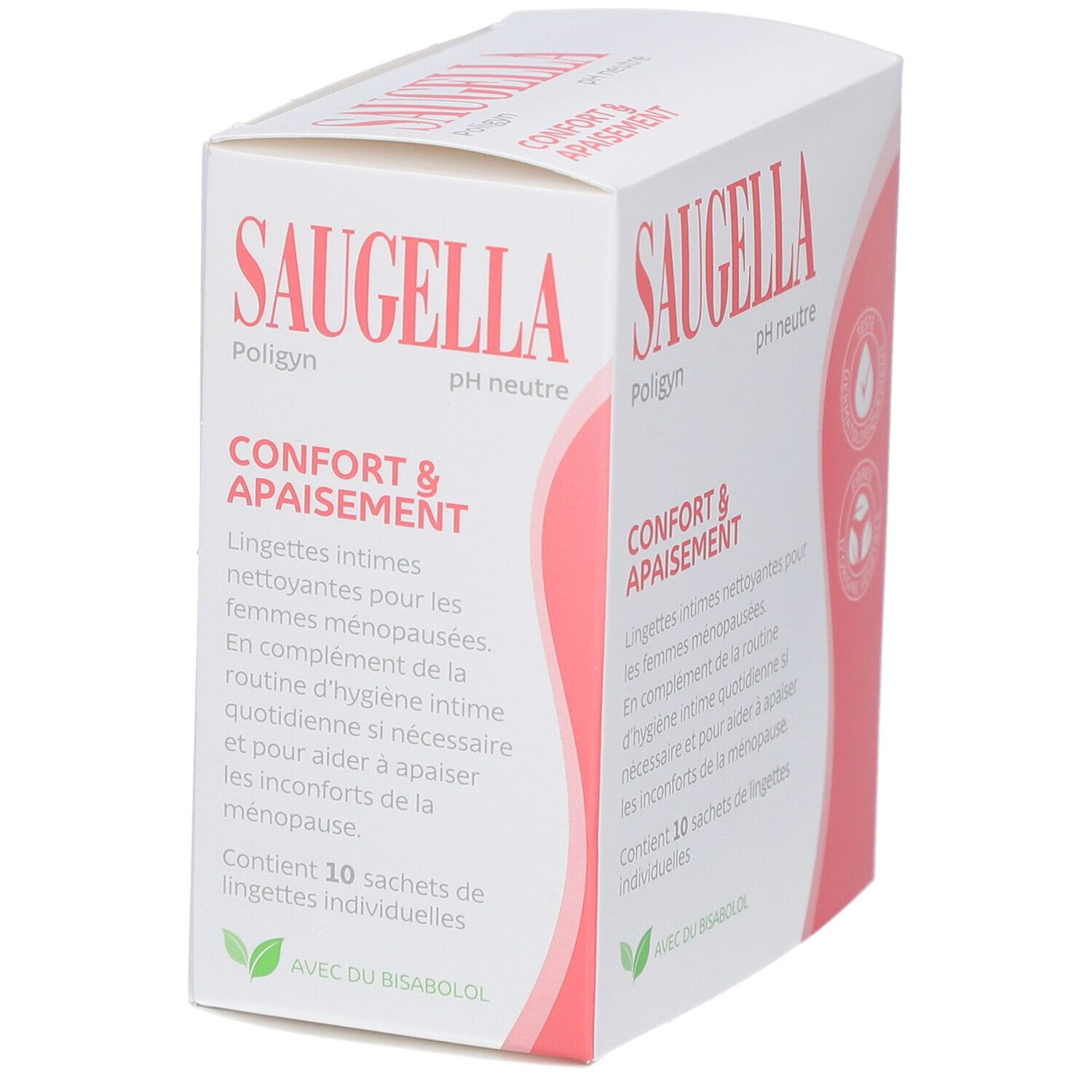 Emballage SAUGELLA Poligyn, pH neutre. Inscription: Confort & Apaisement. Contient 10 lingettes individuelles.