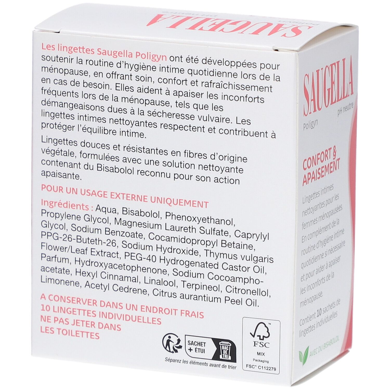 Dos de l'emballage SAUGELLA Poligyn. Texte en français. Contient 10 lingettes. Logo FSC.