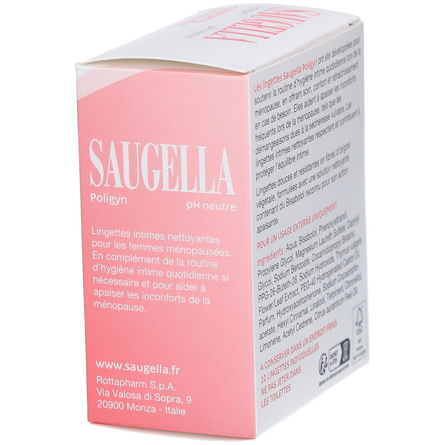 Emballage SAUGELLA Poligyn, pH neutre. Inscription: Confort & Apaisement. Contient 10 lingettes individuelles. Adresse du site web.