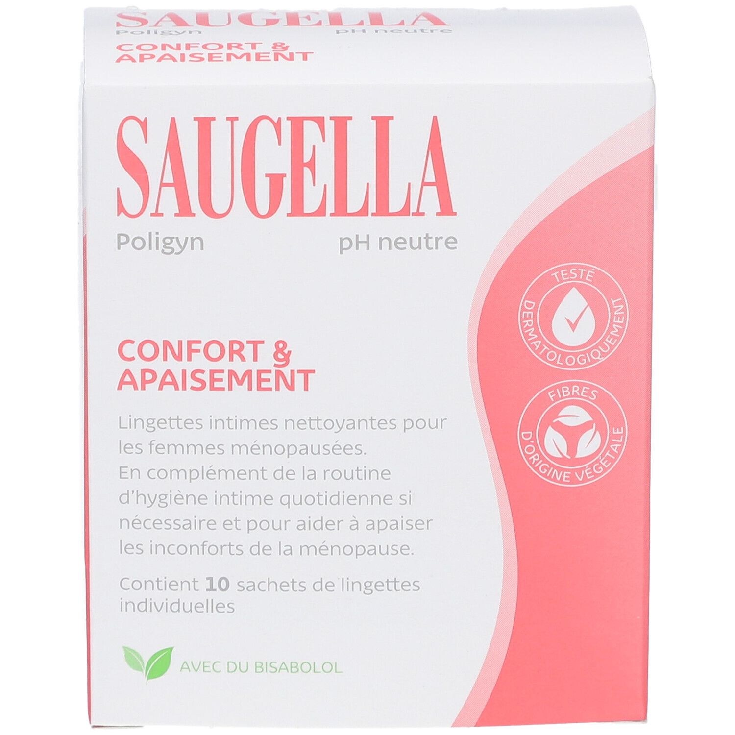 Emballage SAUGELLA Poligyn, pH neutre. Inscription: Confort & Apaisement. Contient 10 lingettes individuelles. Testé dermatologiquement.