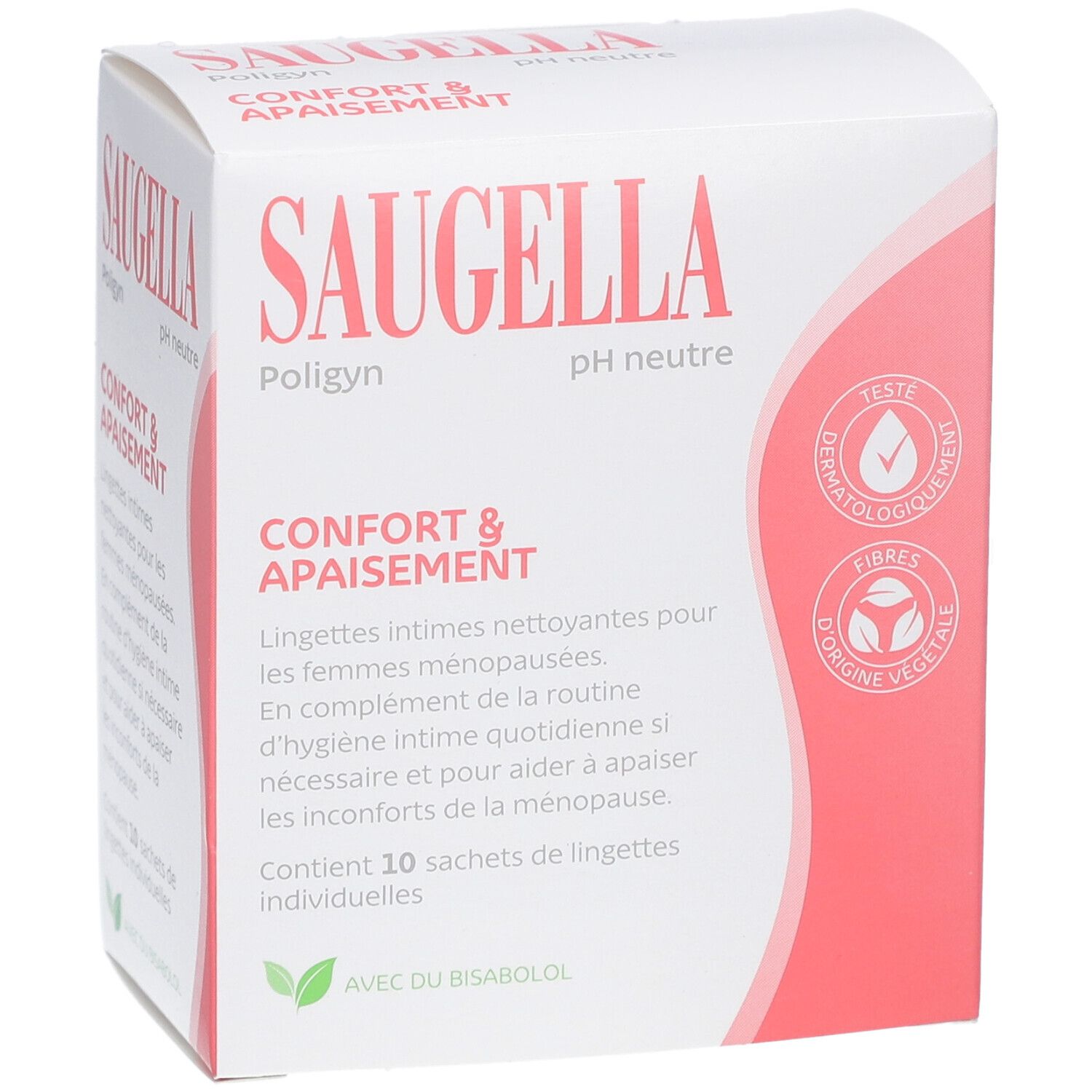 Emballage SAUGELLA Poligyn, pH neutre. Inscription: Confort & Apaisement. Contient 10 lingettes individuelles. Testé dermatologiquement.