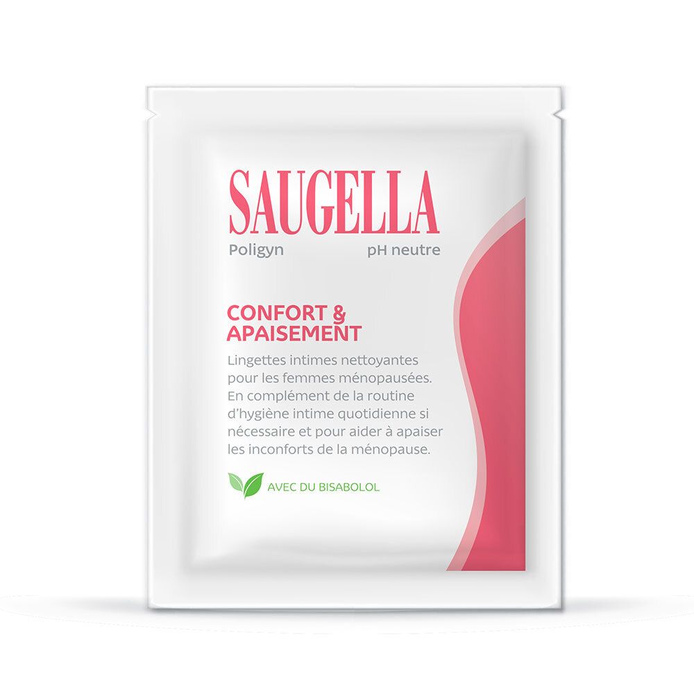 Sachet individuel blanc. Inscription : SAUGELLA, Poligyn, pH neutre, Confort & Apaisement. Avec du bisabolol.