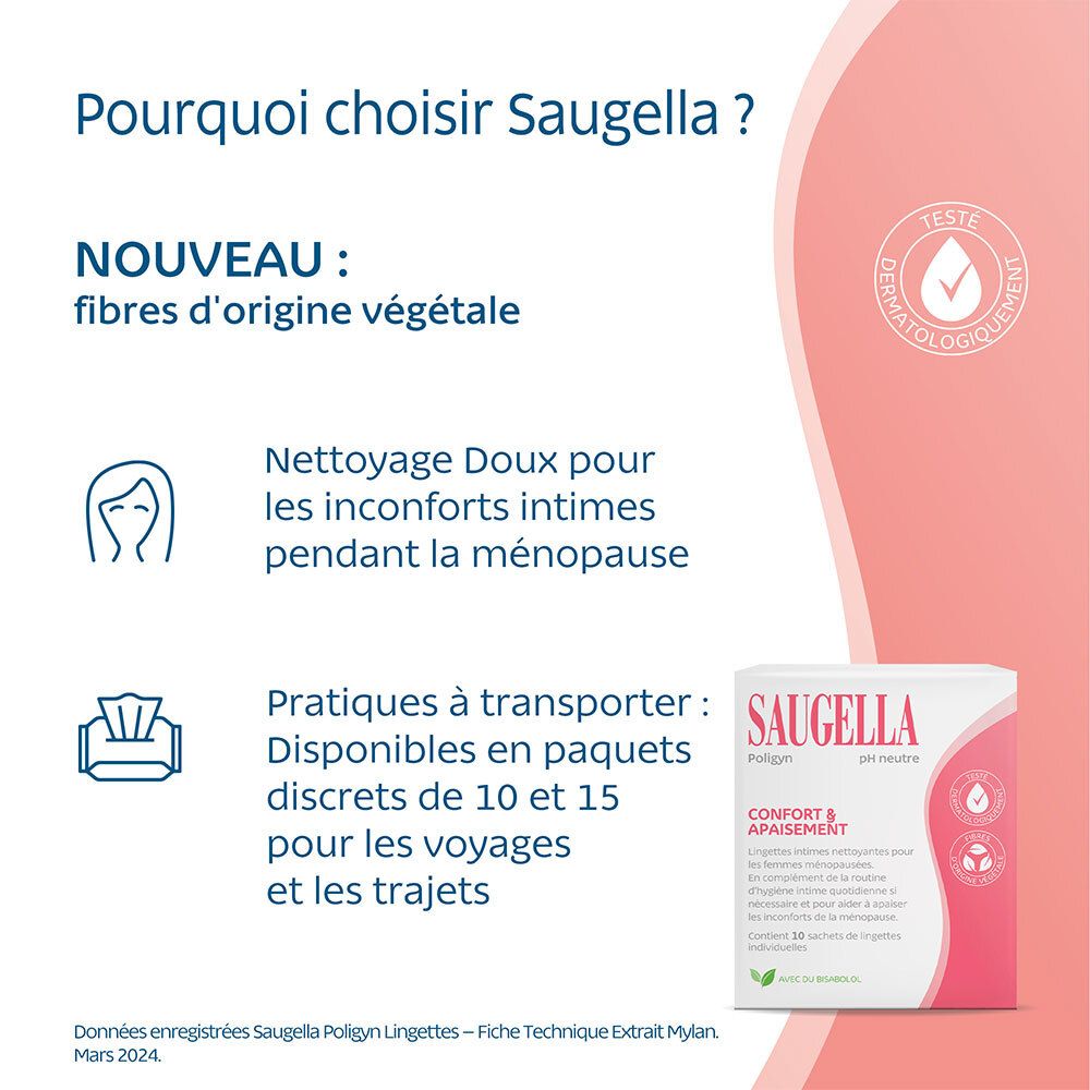Publicité avec texte et image du produit. Inscription : SAUGELLA, Poligyn, pH neutre. Avantages : fibres végétales, paquets discrets.