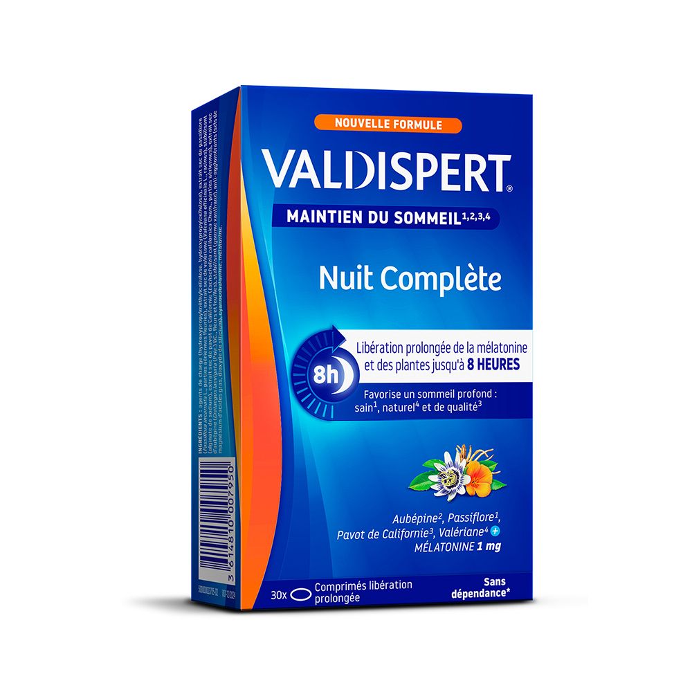 Boîte bleue et orange. Inscription: VALDISPERT Nuit Complète. Contient 30 comprimés. Avec mélatonine et plantes.