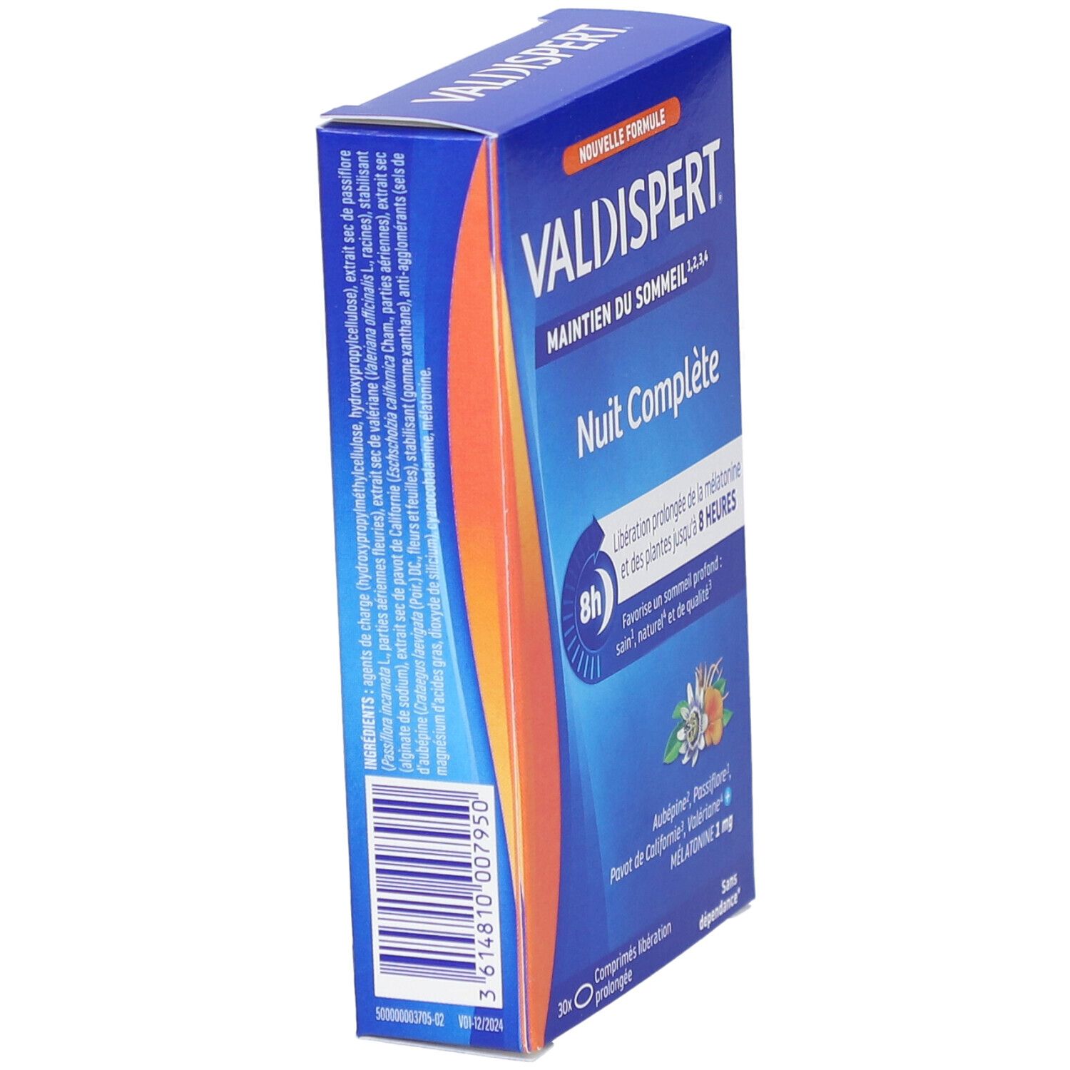 Boîte bleue VALDISPERT NUIT COMPLETE, vue latérale. Liste des ingrédients et code-barres visibles.