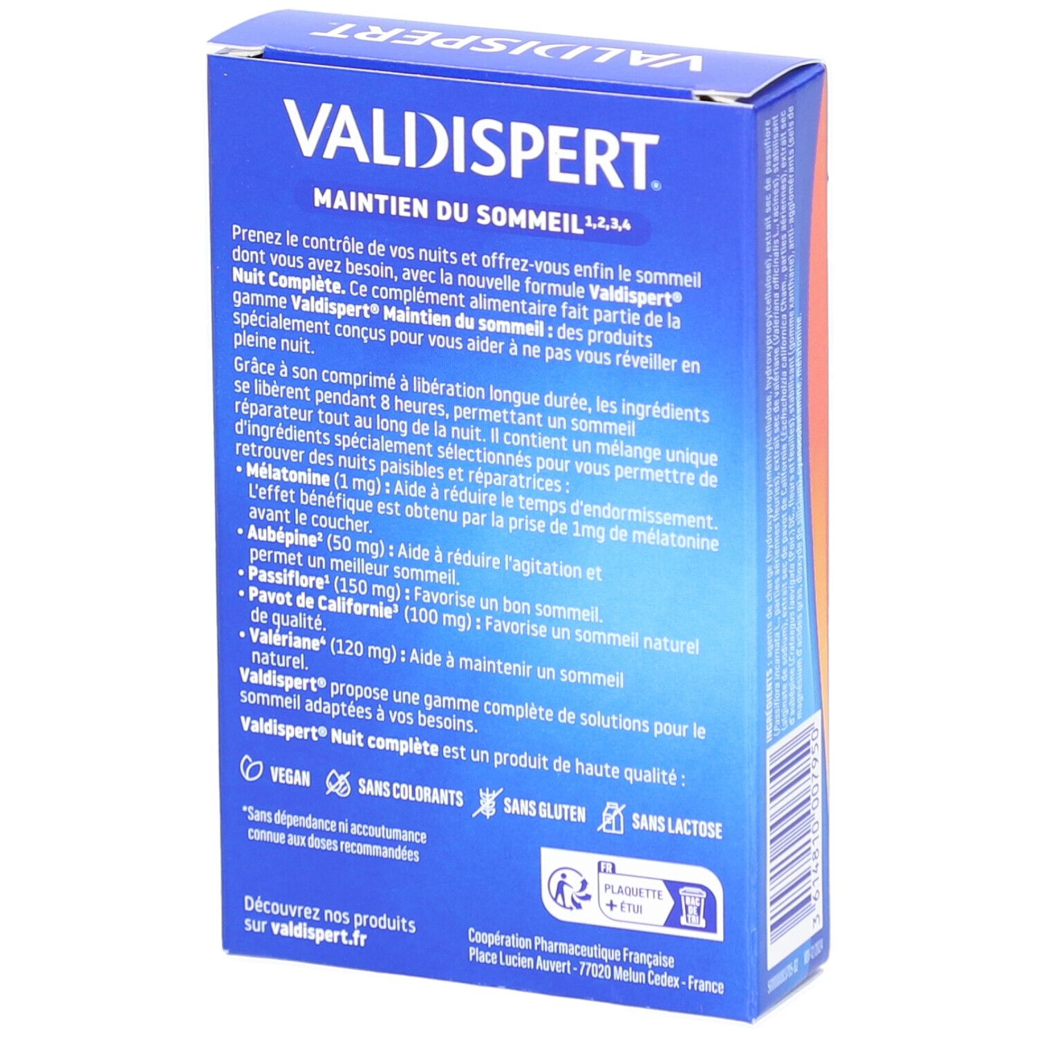 Dos de la boîte bleue VALDISPERT NUIT COMPLETE. Texte sur l'utilisation et les ingrédients.