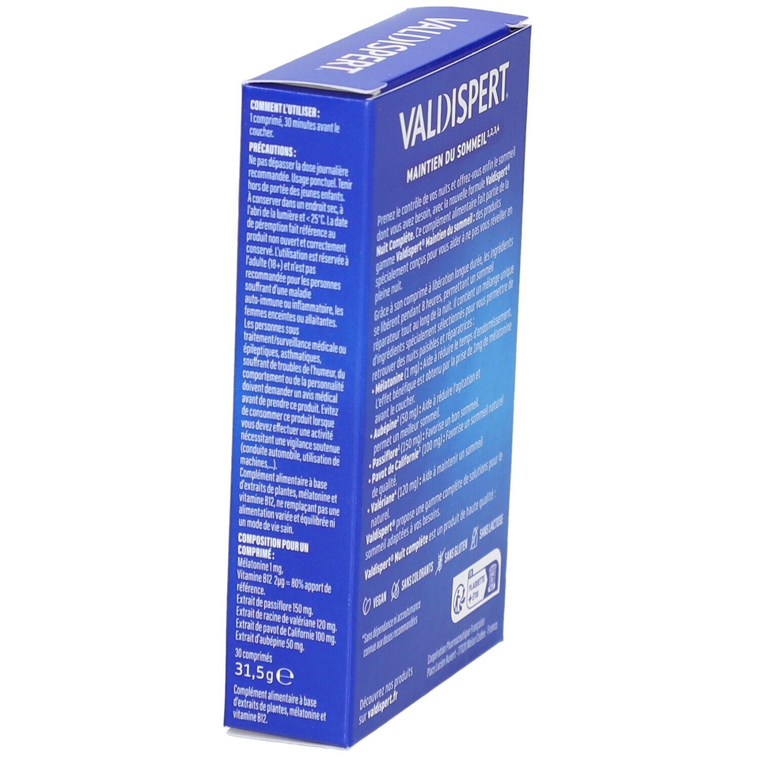 Boîte bleue VALDISPERT NUIT COMPLETE, vue latérale. Texte sur l'utilisation et les ingrédients.