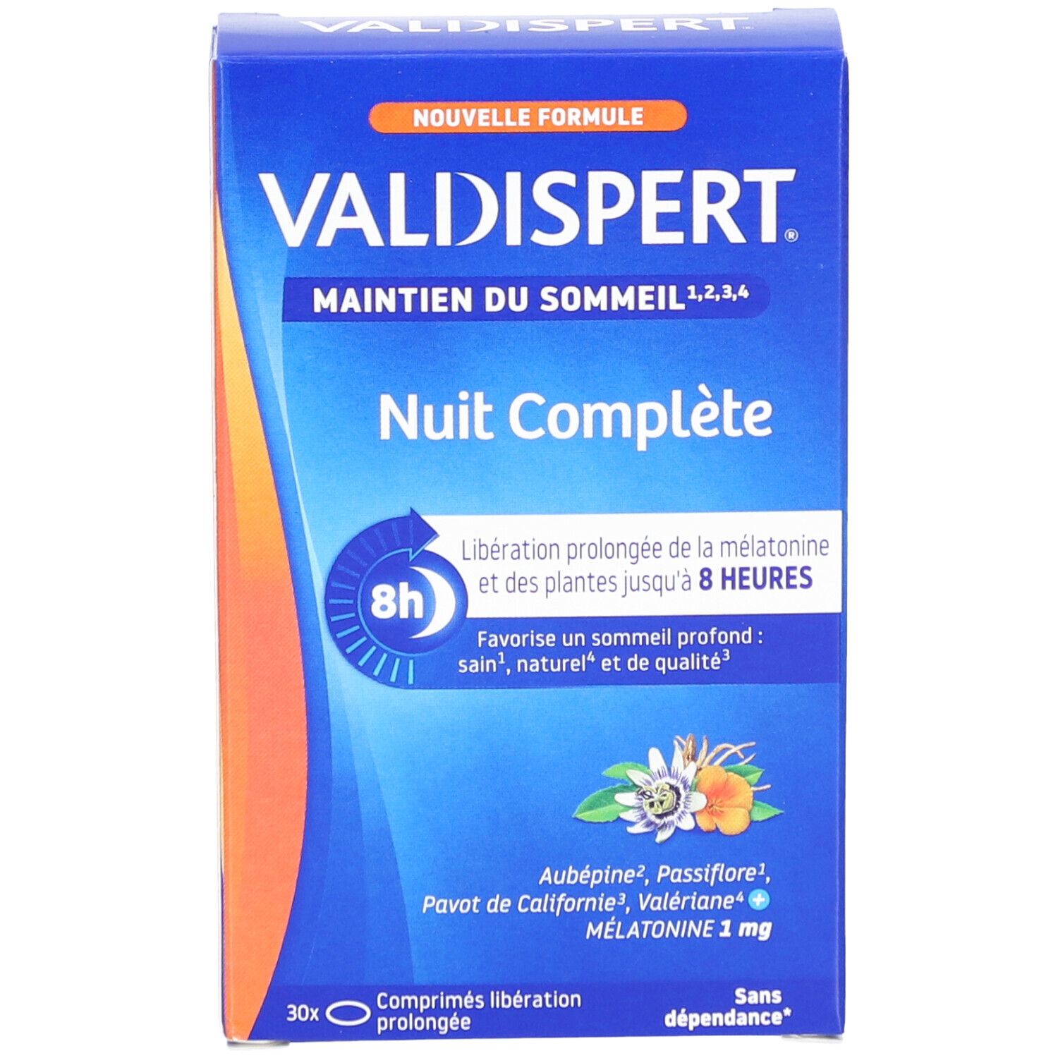 Boîte bleue VALDISPERT NUIT COMPLETE. Inscriptions: 8h, Mélatonine 1 mg, 30 comprimés. Avec extraits de plantes.