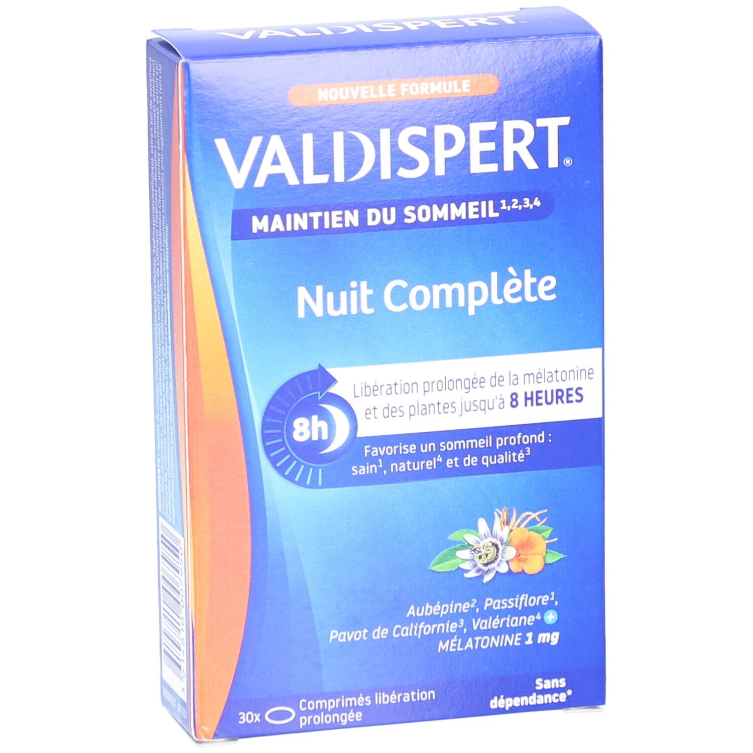 Boîte bleue VALDISPERT NUIT COMPLETE. Inscriptions: 8h, Mélatonine 1 mg, 30 comprimés. Avec extraits de plantes.