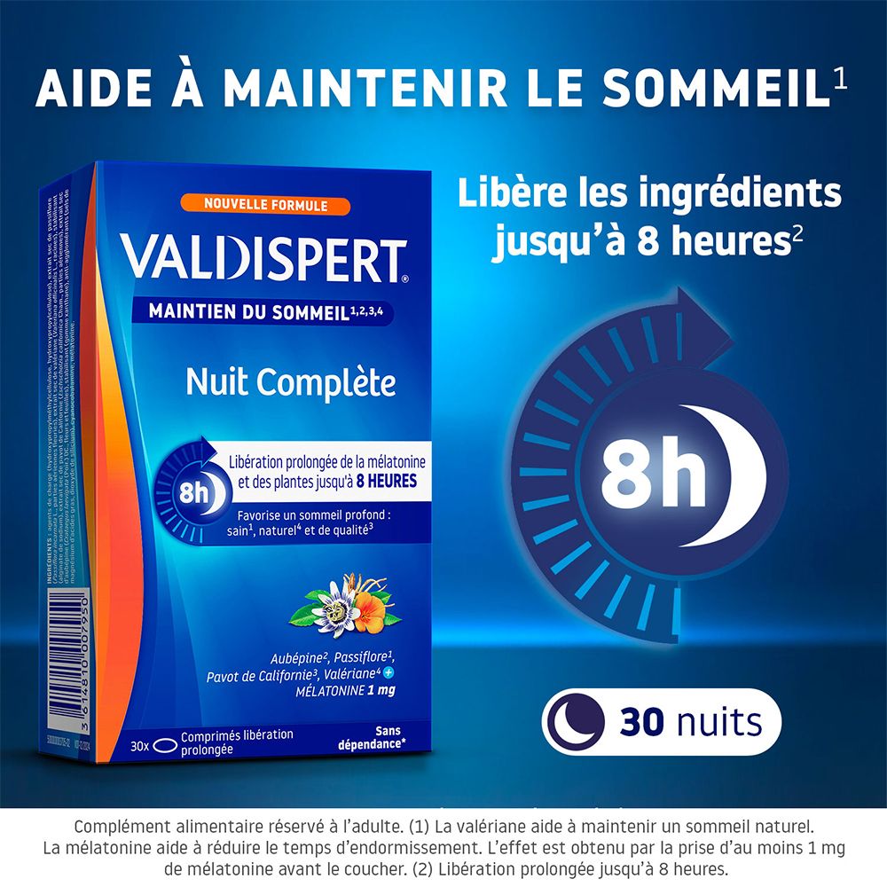 Boîte bleue avec texte: VALDISPERT Nuit Complète. Contient 30 comprimés. Effet 8h. Aide à dormir.