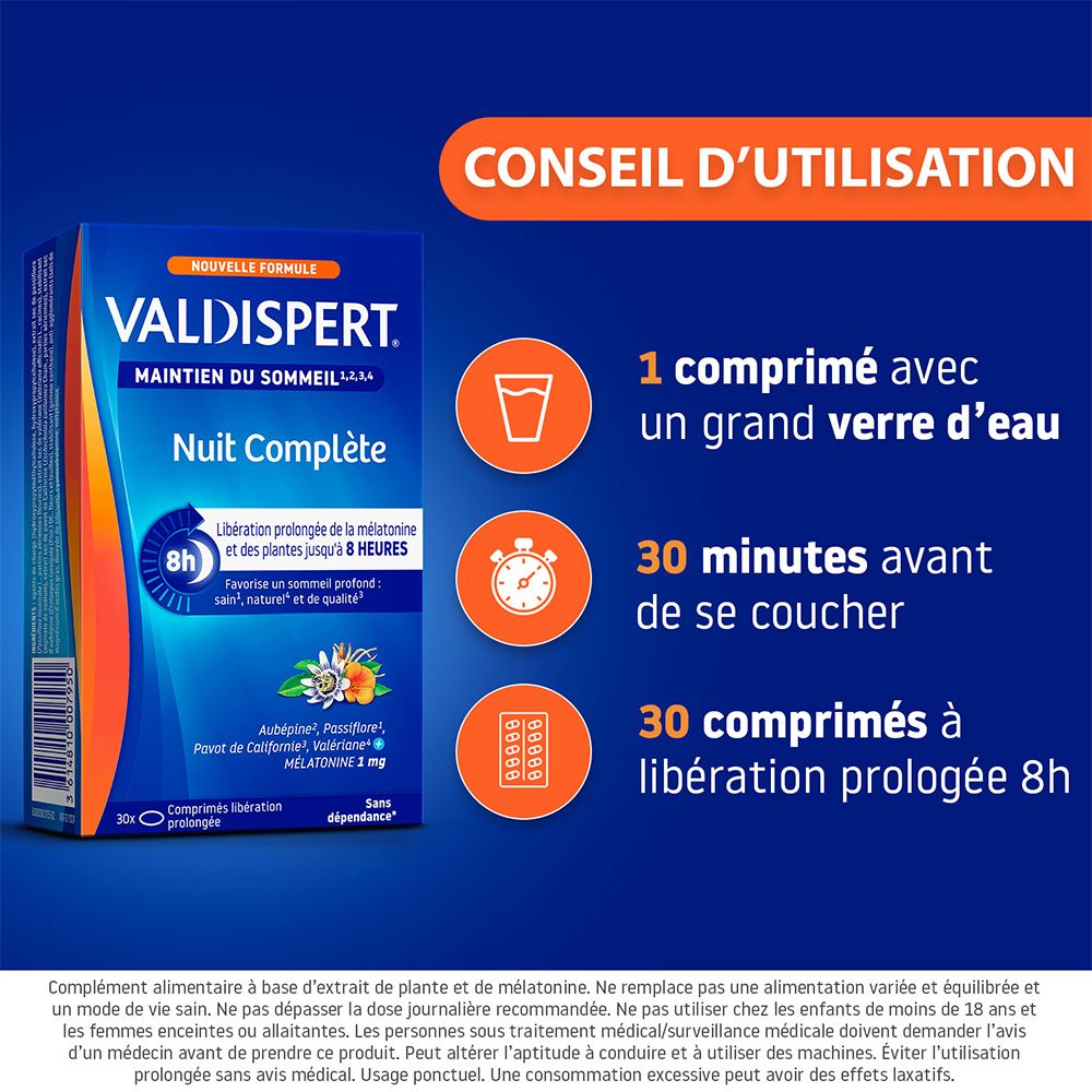 Conseils d'utilisation: 1 comprimé avec de l'eau, 30 minutes avant le coucher. 30 comprimés.
