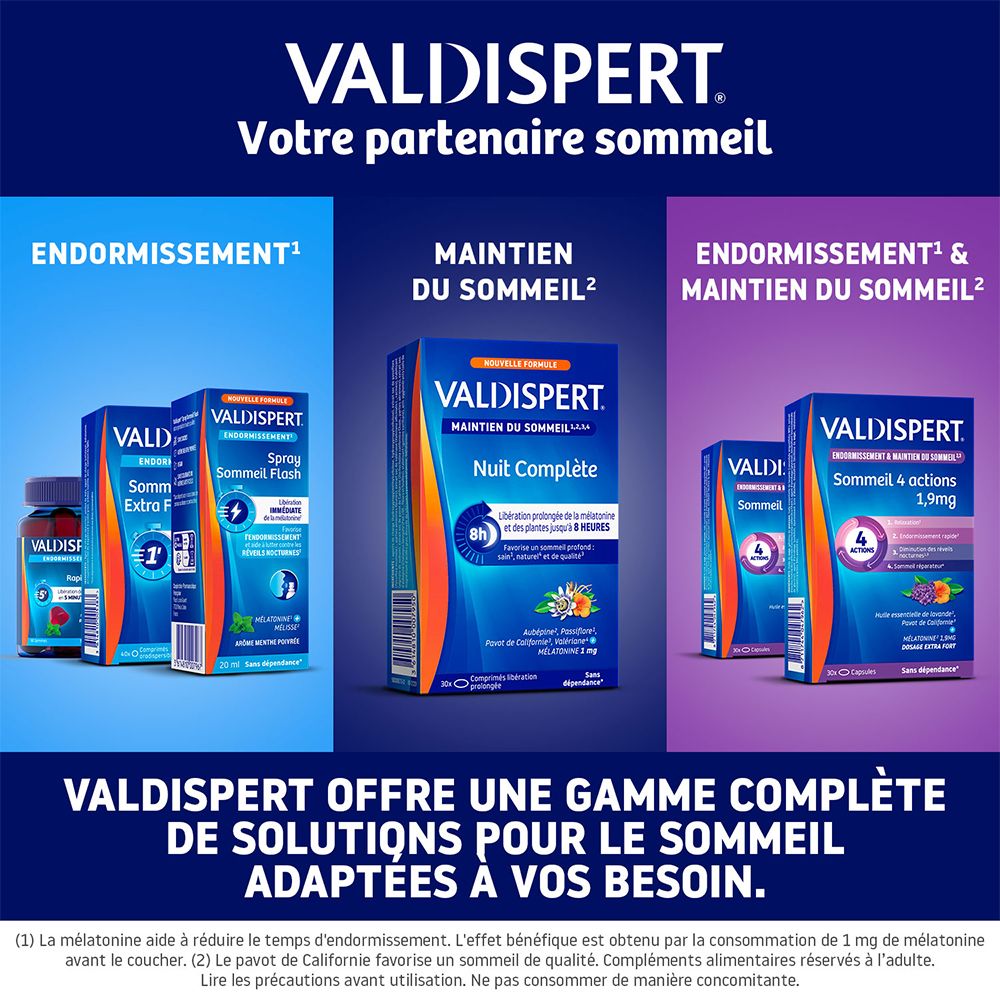 Gamme VALDISPERT. Spray, Nuit Complète, 4 actions. Solutions pour le sommeil.