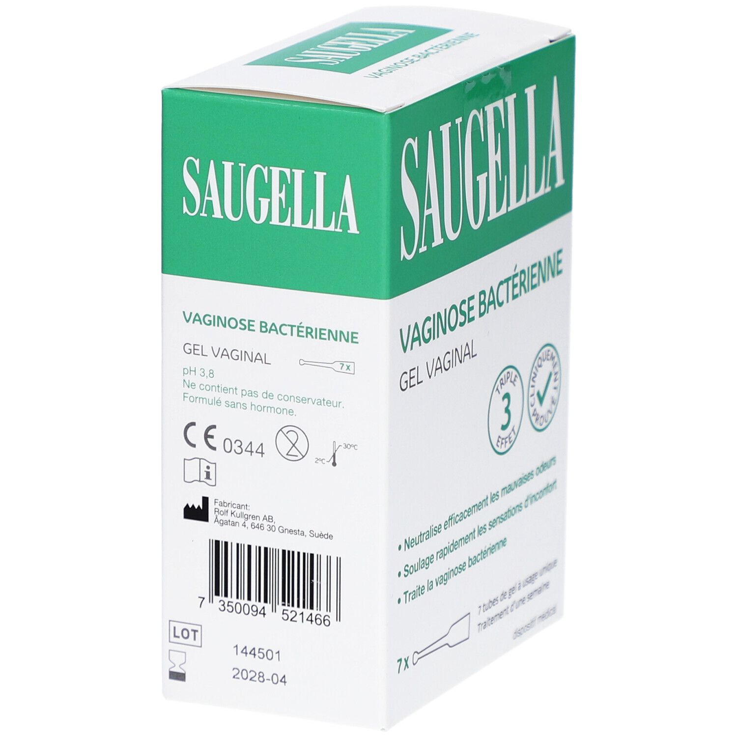 Boîte SAUGELLA, gel vaginal pour vaginose bactérienne. Détails: pH 3.8, sans conservateur. Marquage CE.