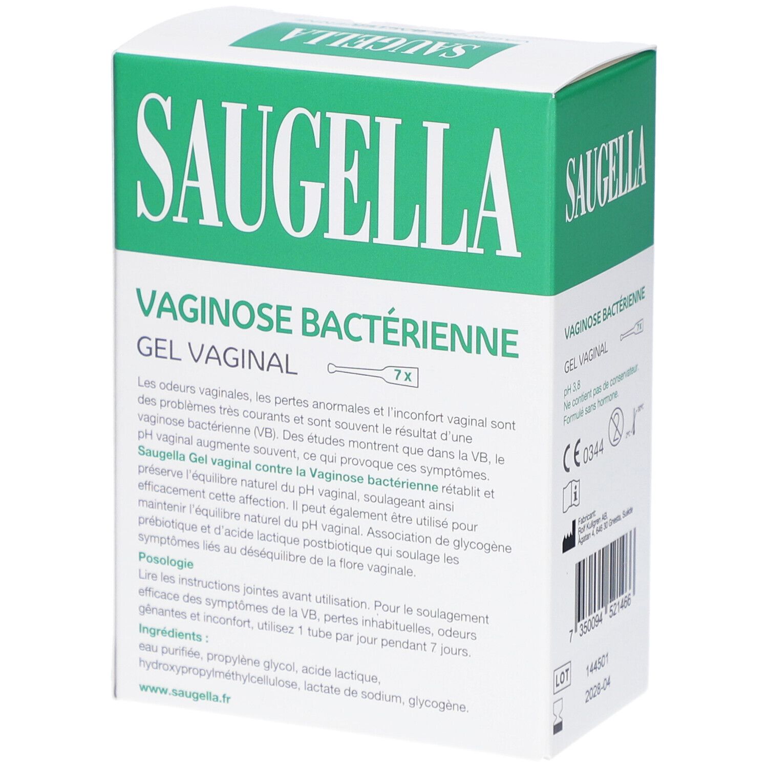 Boîte SAUGELLA, gel vaginal pour vaginose bactérienne. Texte sur l'utilisation et les ingrédients.