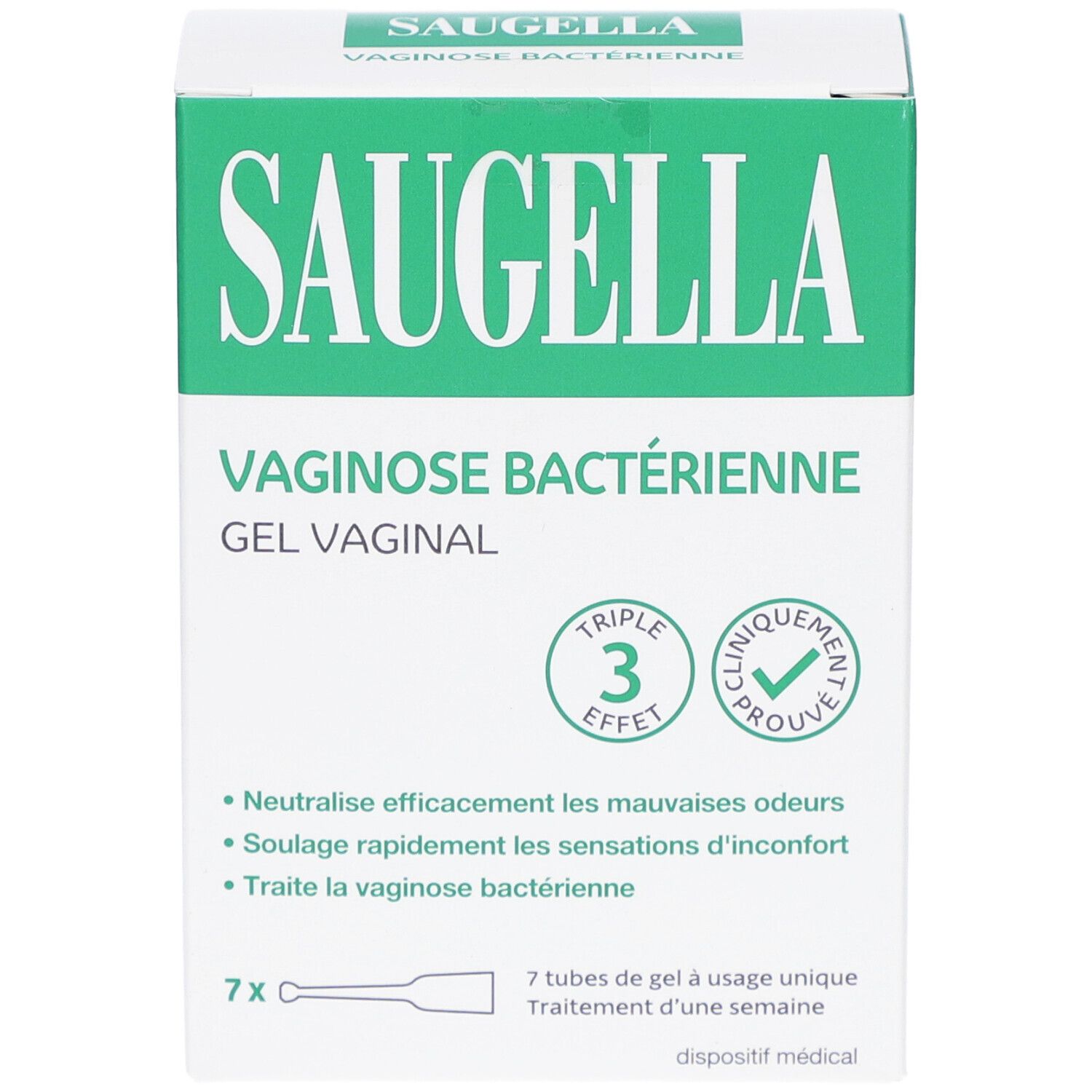 Boîte de SAUGELLA, gel vaginal pour la vaginose bactérienne. Contient 7 tubes. Cliniquement prouvé.