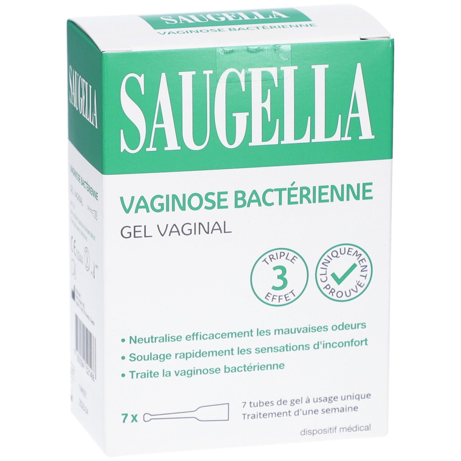 Boîte de SAUGELLA, gel vaginal pour la vaginose bactérienne. Contient 7 tubes. Cliniquement prouvé.
