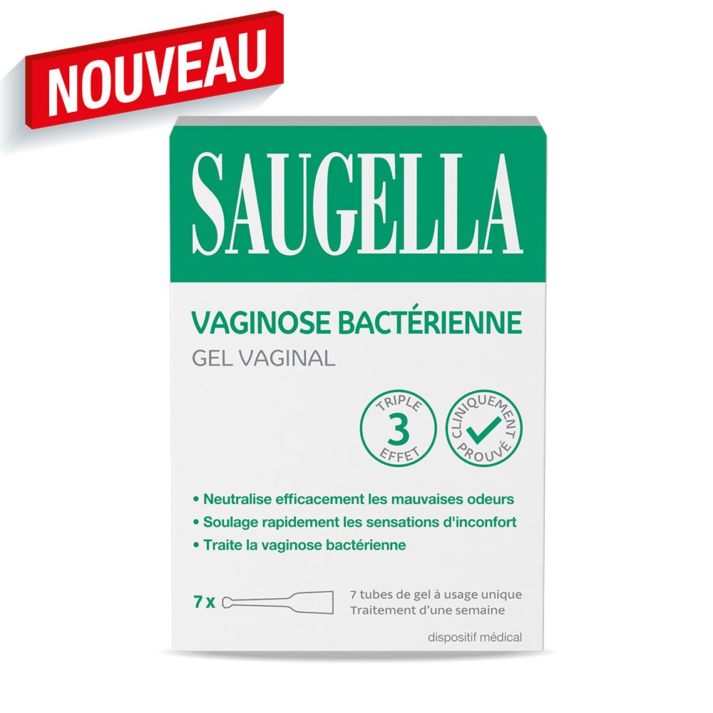 Boîte SAUGELLA Vaginose Bactérienne Gel Vaginal avec étiquette rouge 'NOUVEAU'. Emballage vert et blanc.