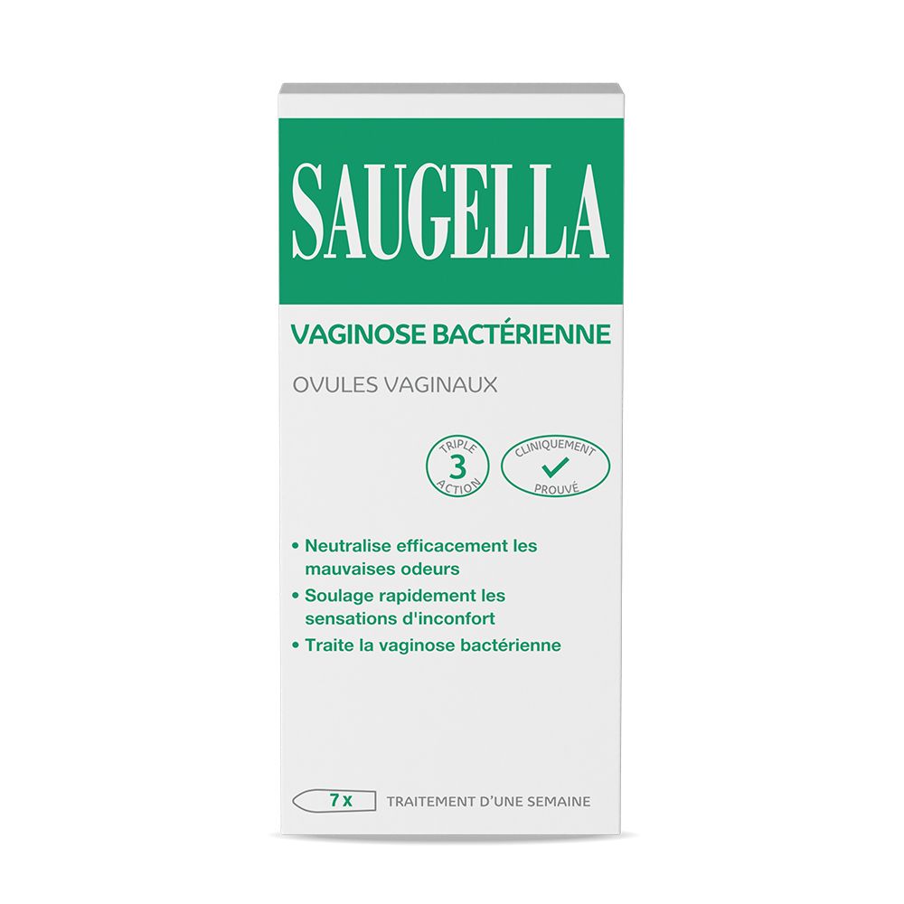 Boîte SAUGELLA Vaginose Bactérienne. Texte: Vaginose Bactérienne, Ovules Vaginaux. 7 ovules. Cliniquement prouvé.