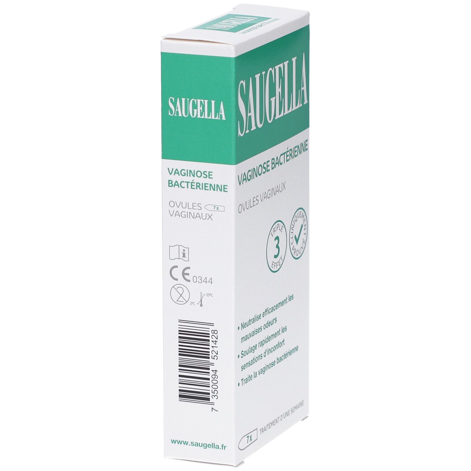 Boîte SAUGELLA Vaginose Bactérienne. Inscription: Ovules Vaginaux. Emballage vert et blanc. Marquage CE.