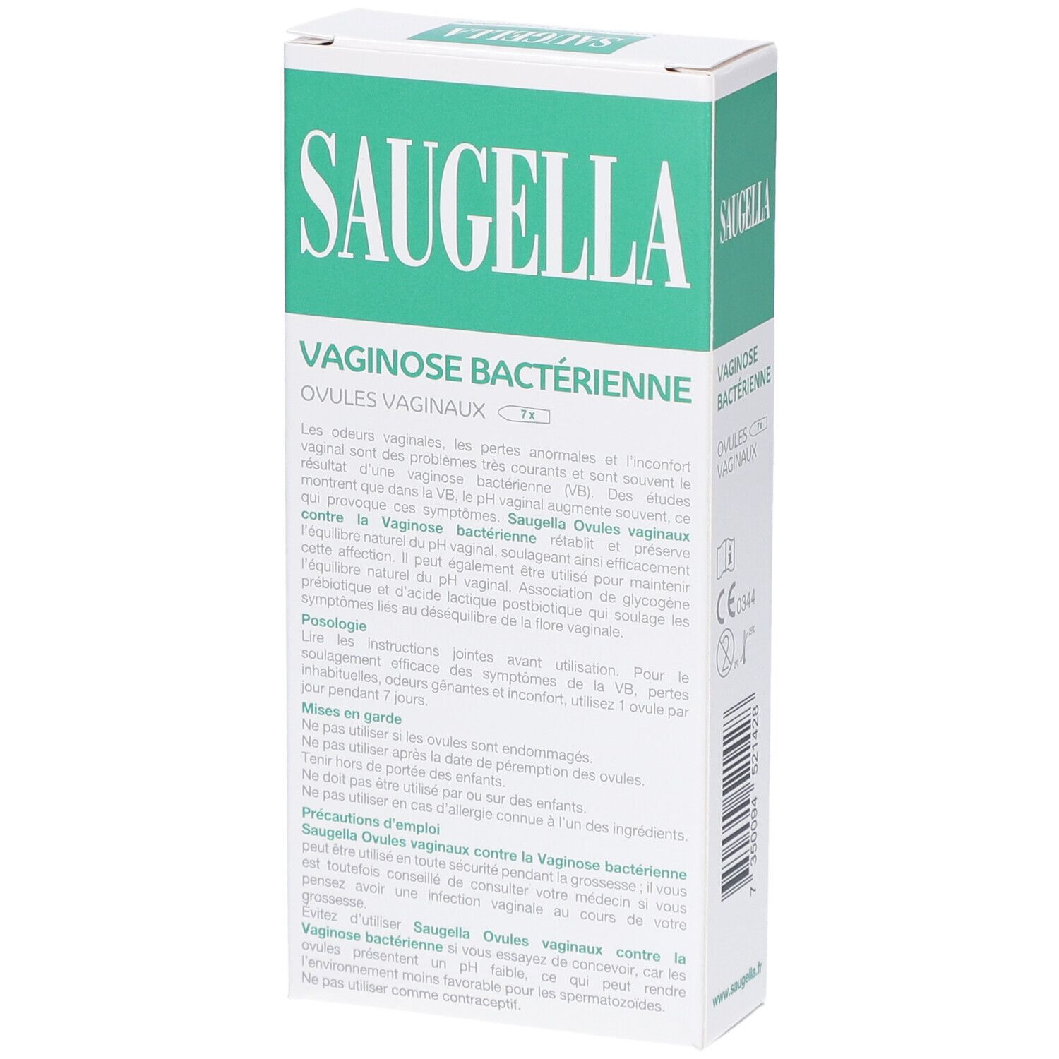 Boîte SAUGELLA Vaginose Bactérienne. Texte: Ovules Vaginaux. Informations produit au dos. Emballage vert et blanc.
