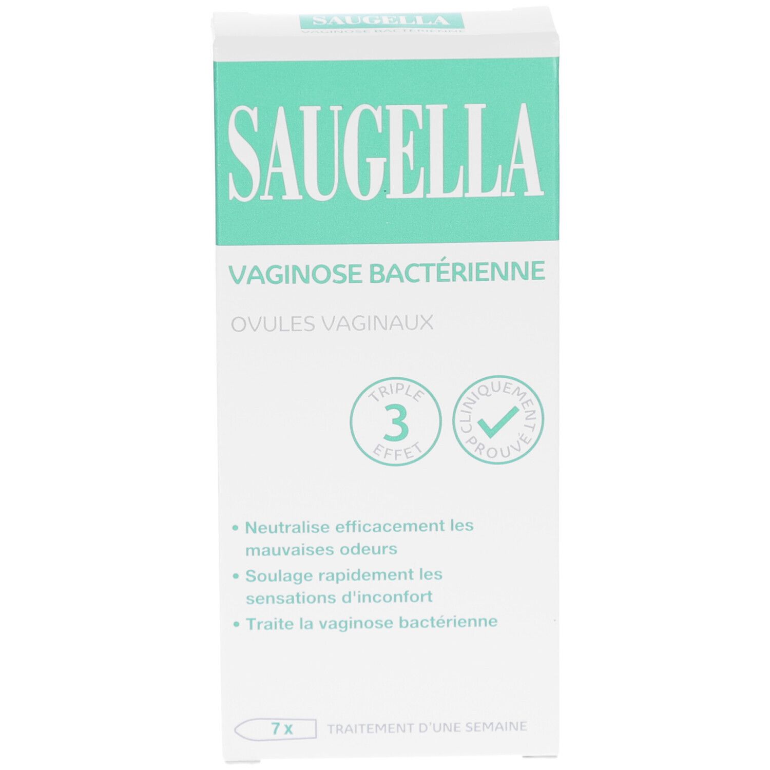 Boîte SAUGELLA Vaginose Bactérienne. Texte: Ovules Vaginaux. Effet triple. Cliniquement prouvé. Emballage vert et blanc.