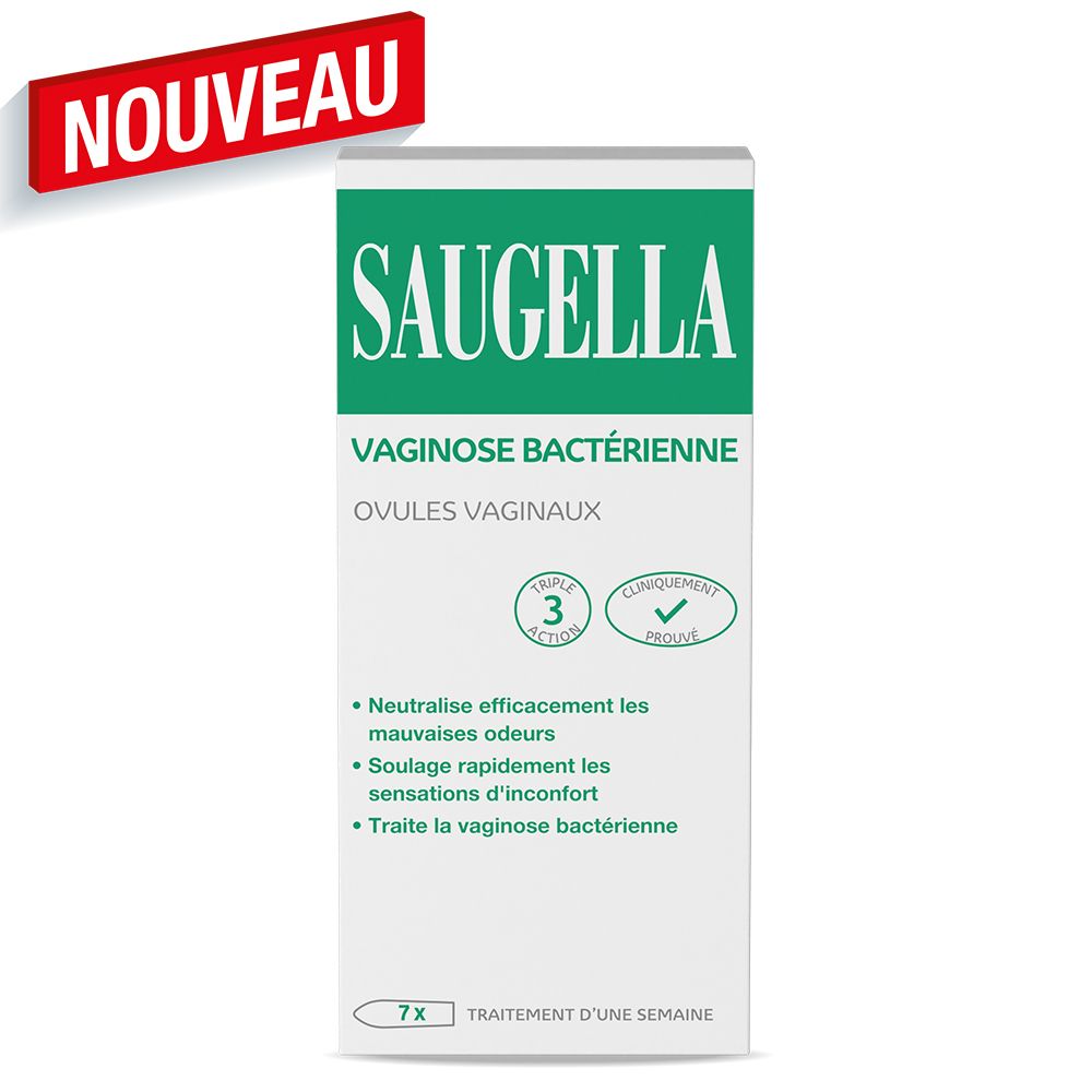 Boîte SAUGELLA Vaginose Bactérienne avec étiquette « NOUVEAU ». Texte: Vaginose Bactérienne, Ovules Vaginaux. 7 ovules. Cliniquement prouvé.