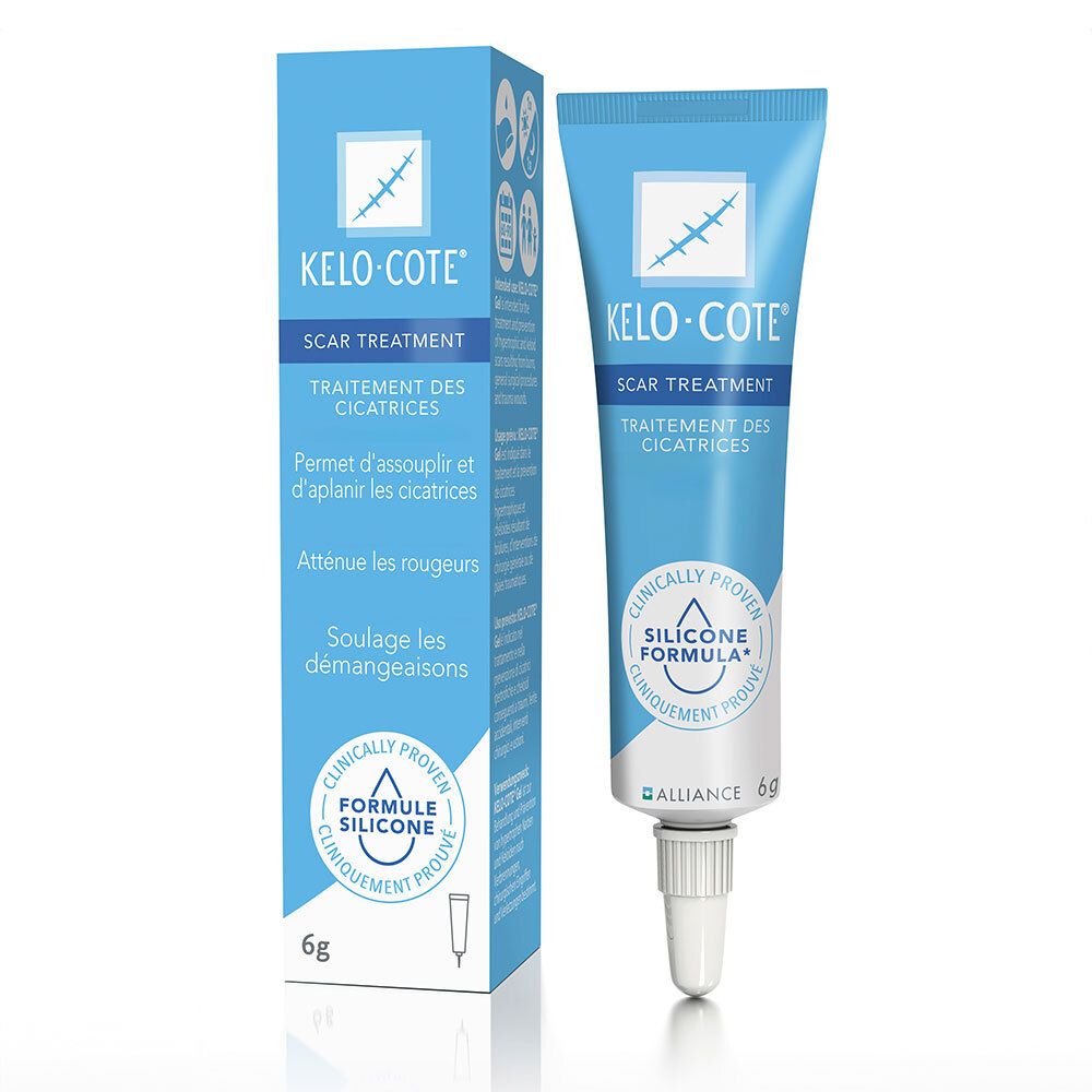 Kelo-Cote, traitement des cicatrices. Tube et boîte bleus, 6g. Contient du silicone. Cliniquement prouvé.