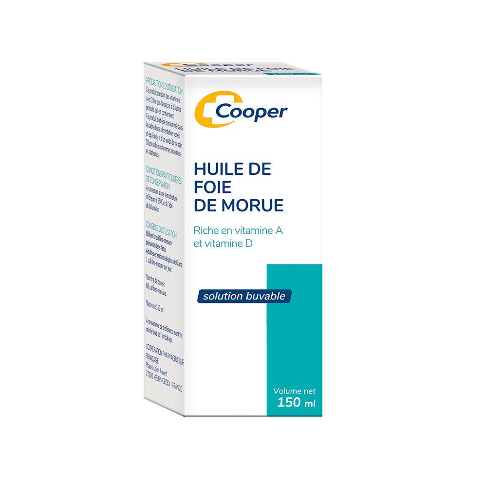 Boîte blanche avec logo Cooper et nom du produit : Huile de Foie de Morue. Contient de la vitamine A et D. 150 ml.
