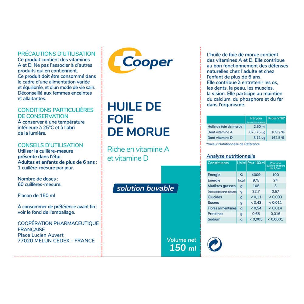 Informations sur le produit sur fond blanc. Contient des informations sur les ingrédients, le dosage et le stockage. Logo Cooper.