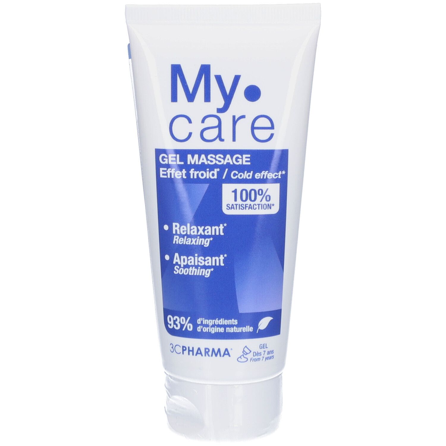 Tube blanche et bleue avec nom du produit et informations. Inscription : Gel Massage, Effet froid, 100% satisfaction.