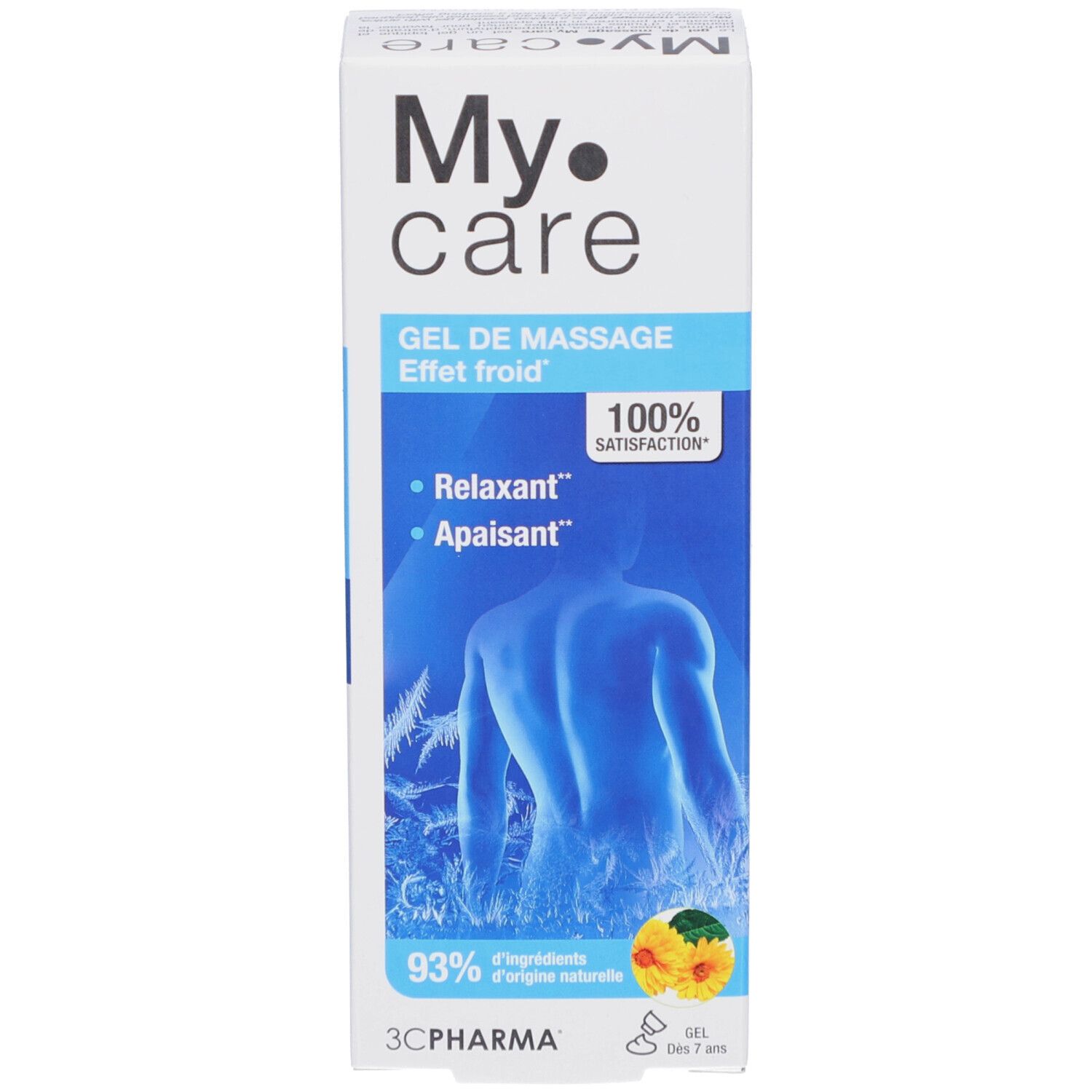 Emballage produit blanc avec accent bleu. Nom et description du produit. Illustration d'un dos. Logo 3C Pharma.