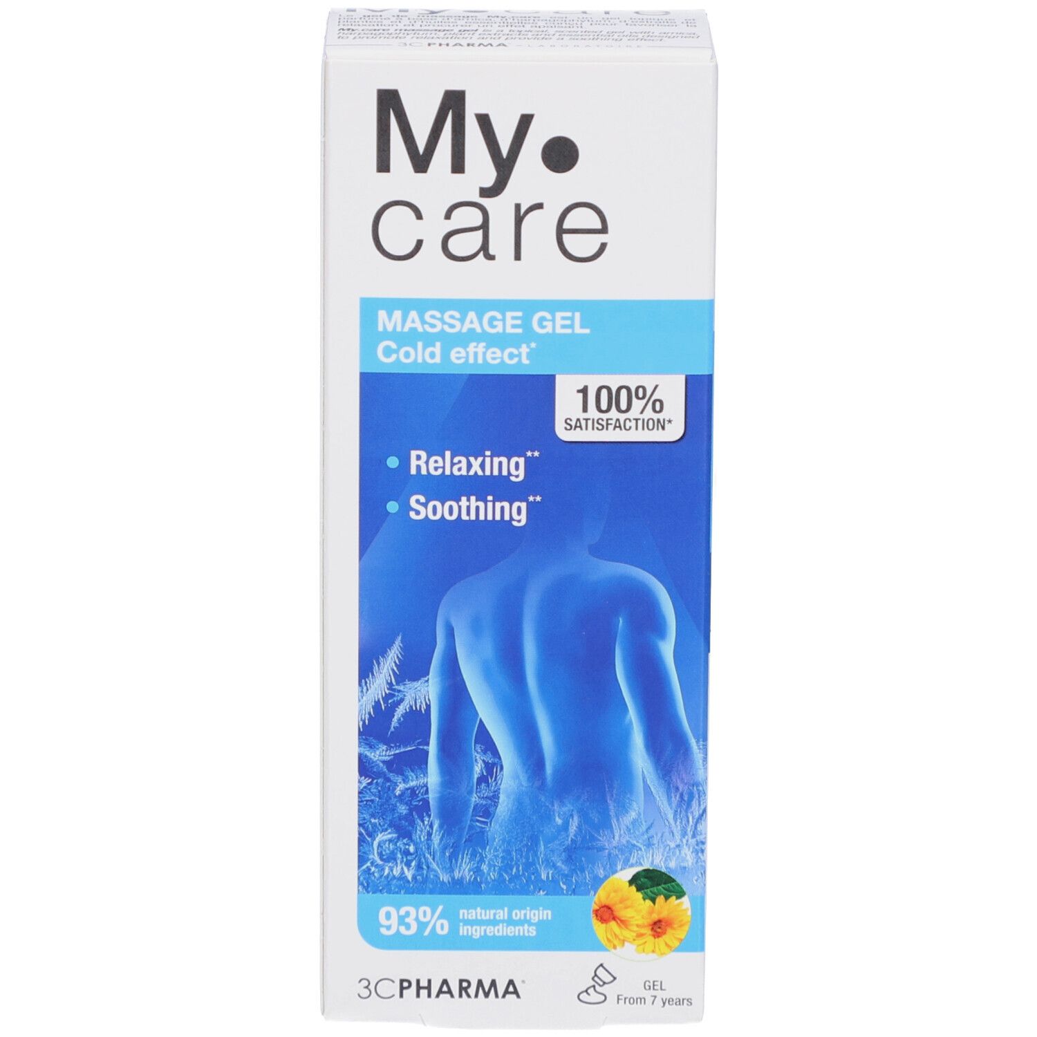 Emballage du produit avec nom et description. Illustration d'un dos. Logo 3C Pharma. 93% ingrédients d'origine naturelle.