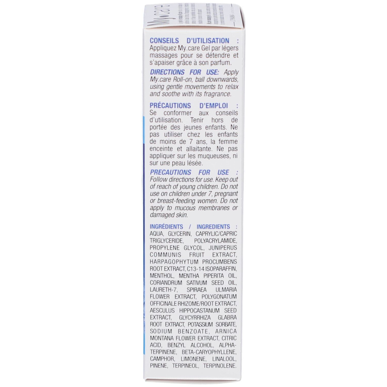 Dos de l'emballage du produit avec instructions d'utilisation et ingrédients. Texte en français. Informations fabricant.