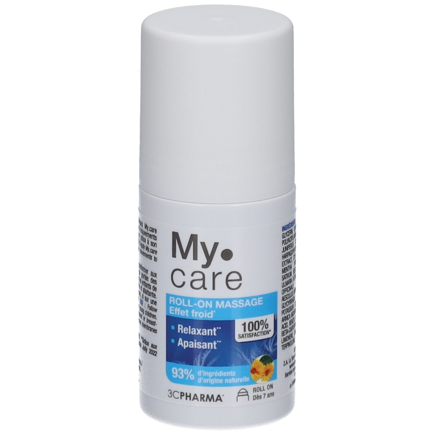 Flacon roll-on blanc. Inscriptions : My Care, Roll-on massage, 93% ingrédients d'origine naturelle. 100% satisfaction.