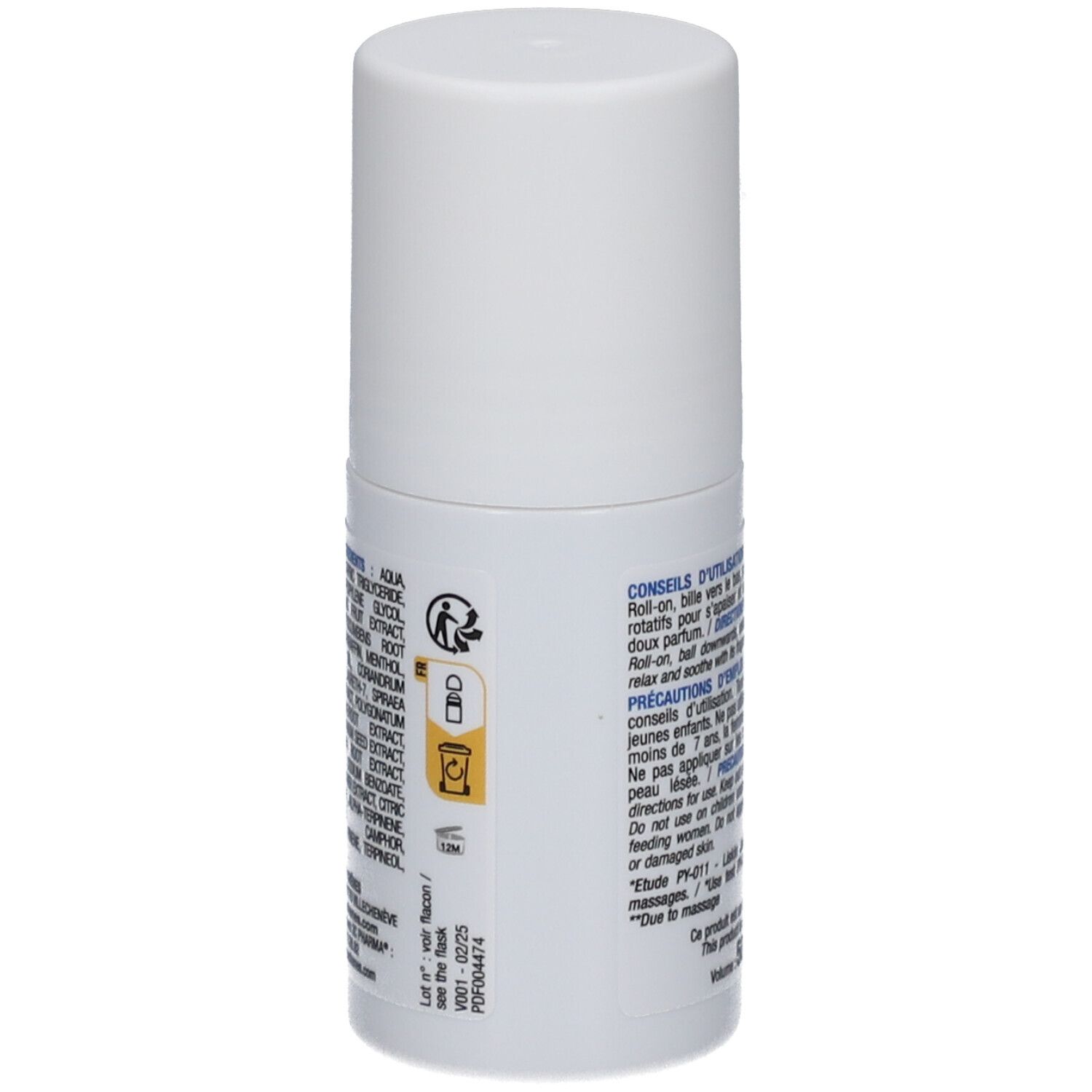 Dos du flacon roll-on blanc. Texte : Conseils d'utilisation, Précautions d'emploi.