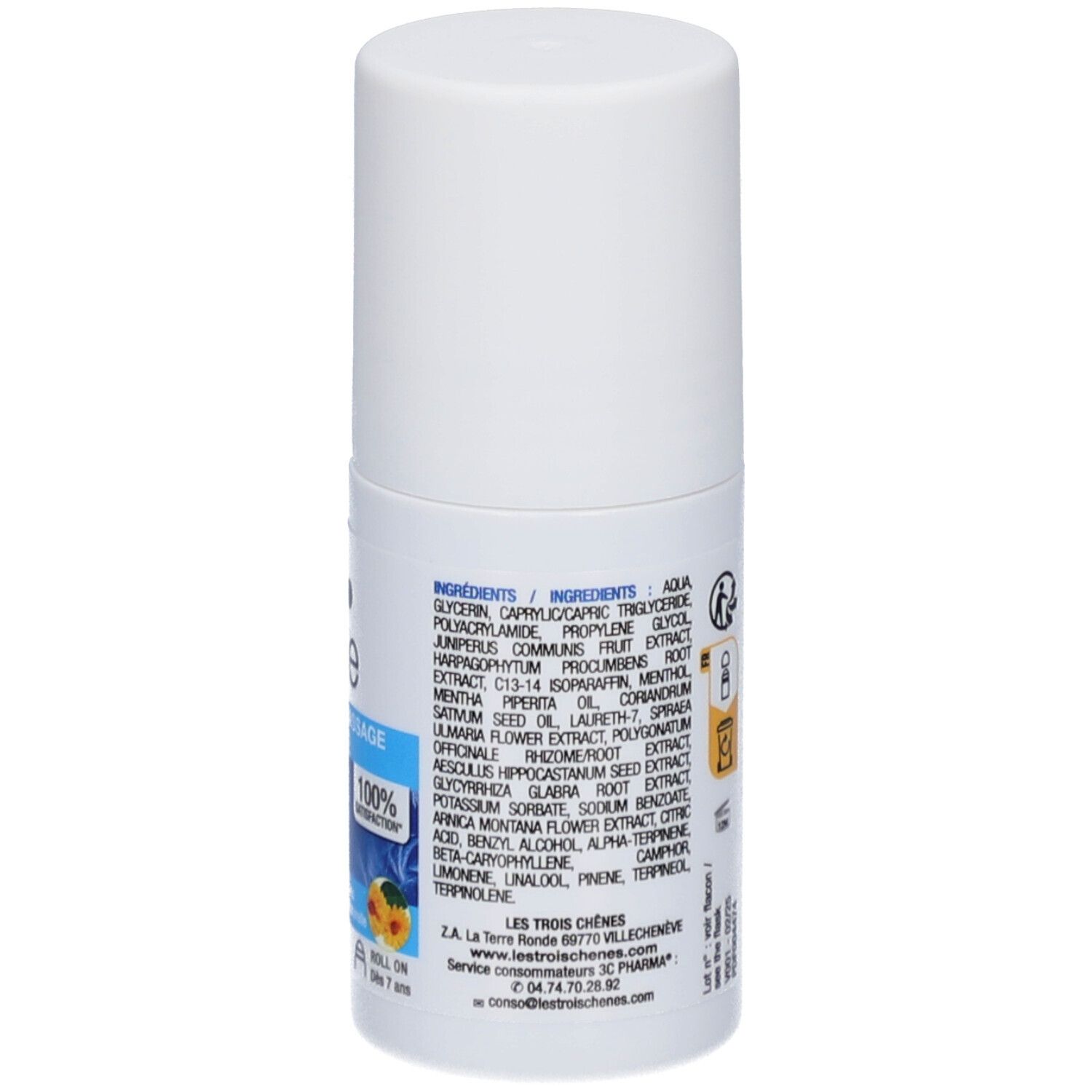 Dos du flacon roll-on blanc. Liste des ingrédients.