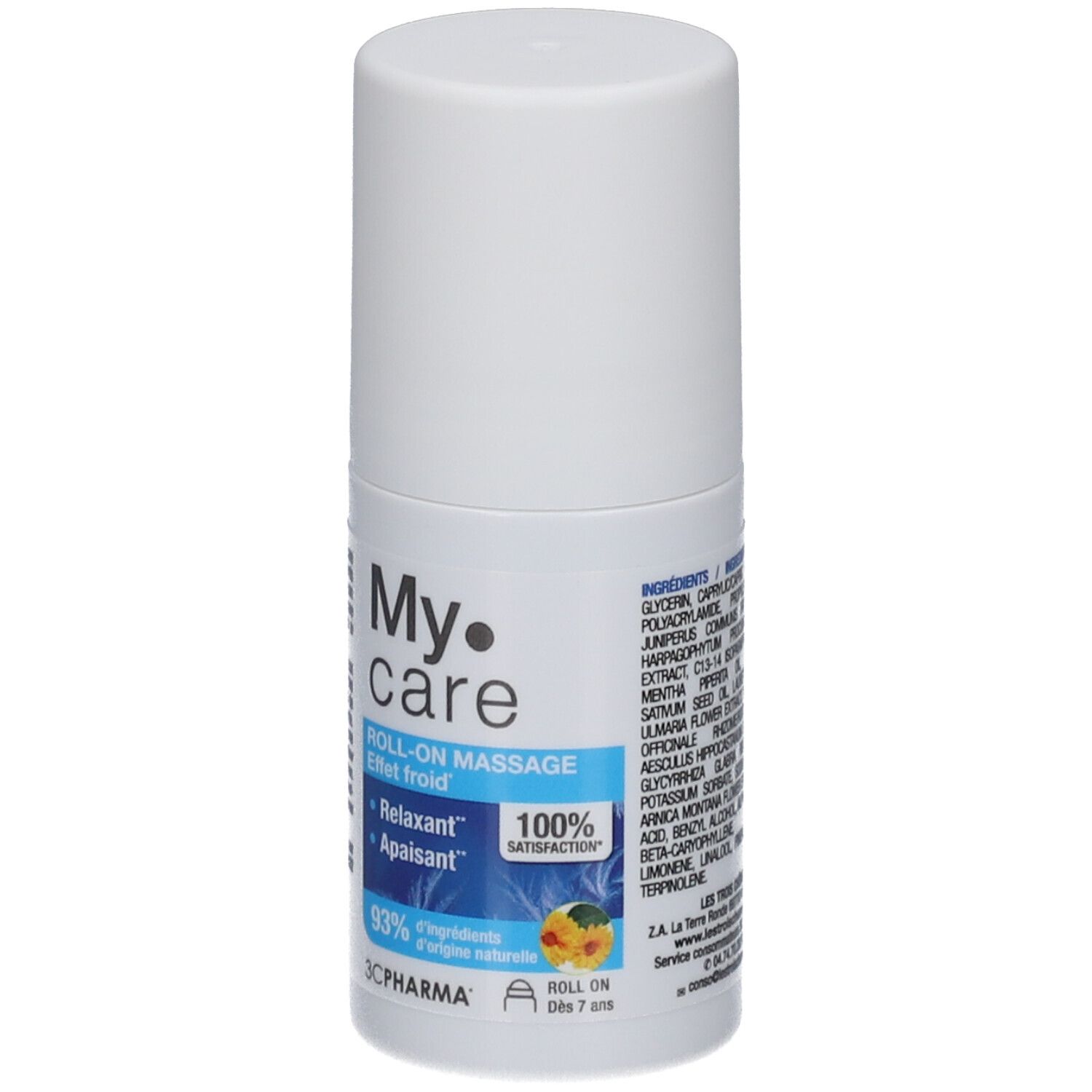 Flacon roll-on blanc. Inscriptions : My Care, Roll-on massage, 93% ingrédients d'origine naturelle. 100% satisfaction.
