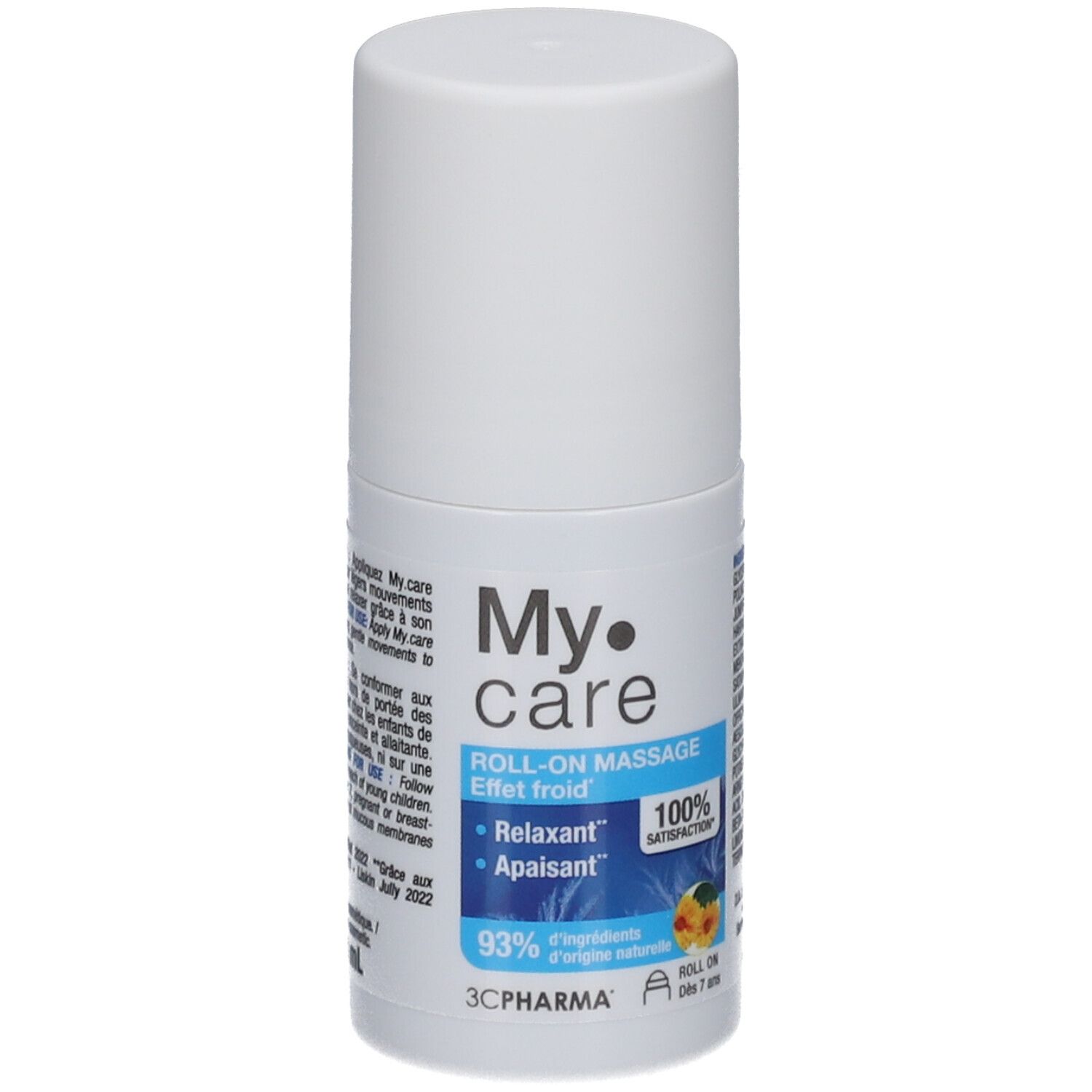 Flacon roll-on blanc. Inscriptions : My Care, Roll-on massage, 93% ingrédients d'origine naturelle. 100% satisfaction.