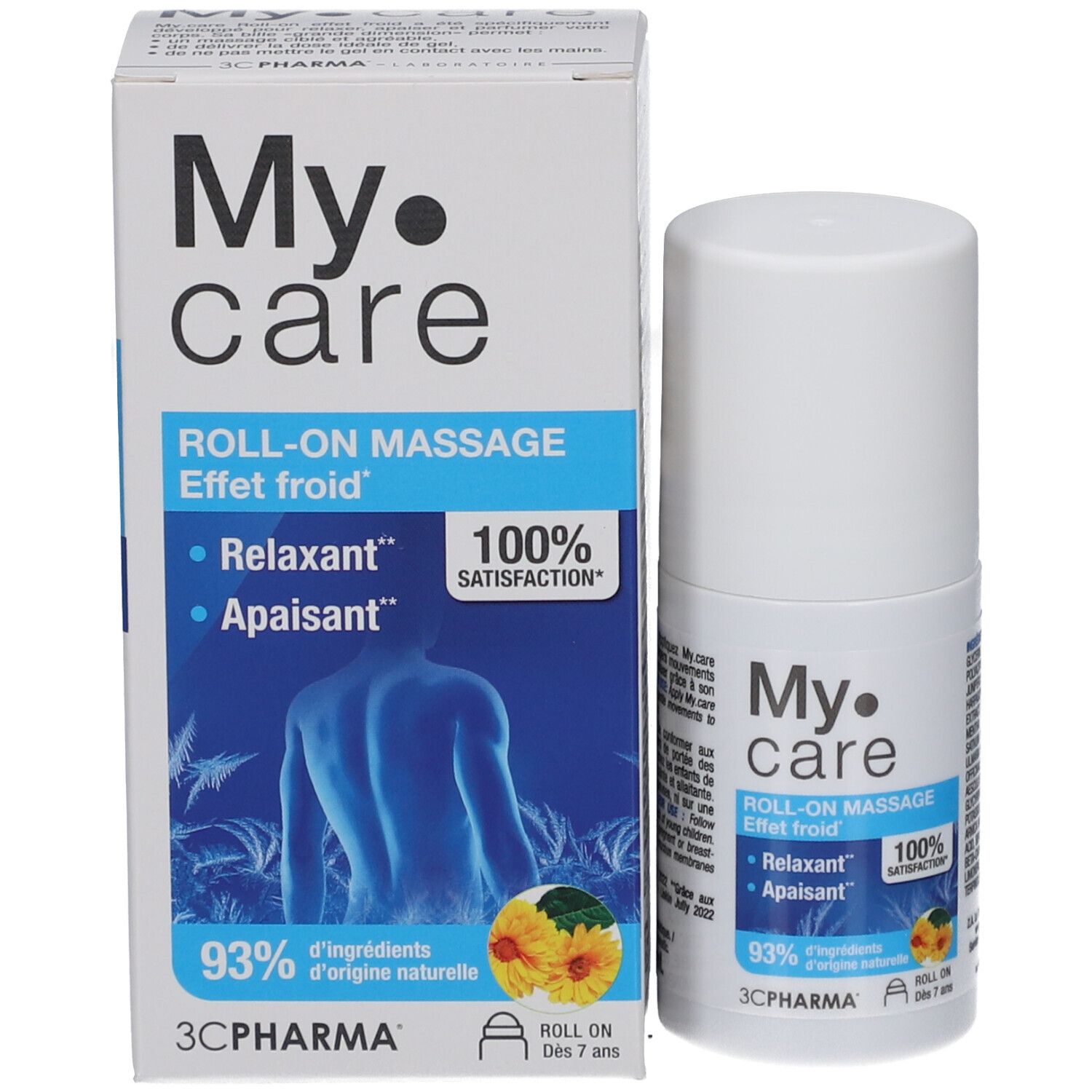 Emballage du produit et flacon roll-on. Inscriptions : My Care, Roll-on massage, 93% ingrédients d'origine naturelle. 100% satisfaction.
