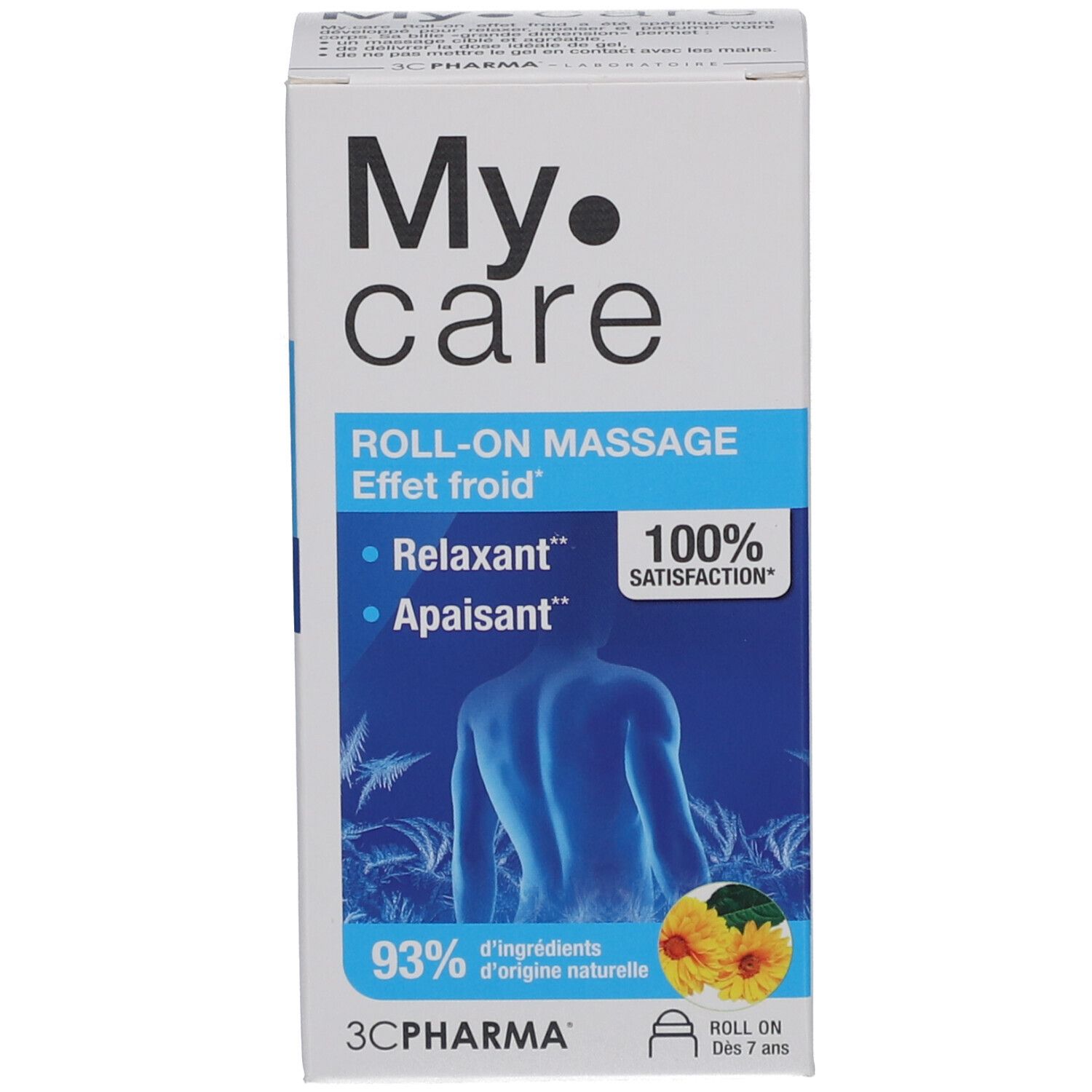 Emballage du produit. Inscriptions : My Care, Roll-on massage, 93% ingrédients d'origine naturelle. 100% satisfaction.