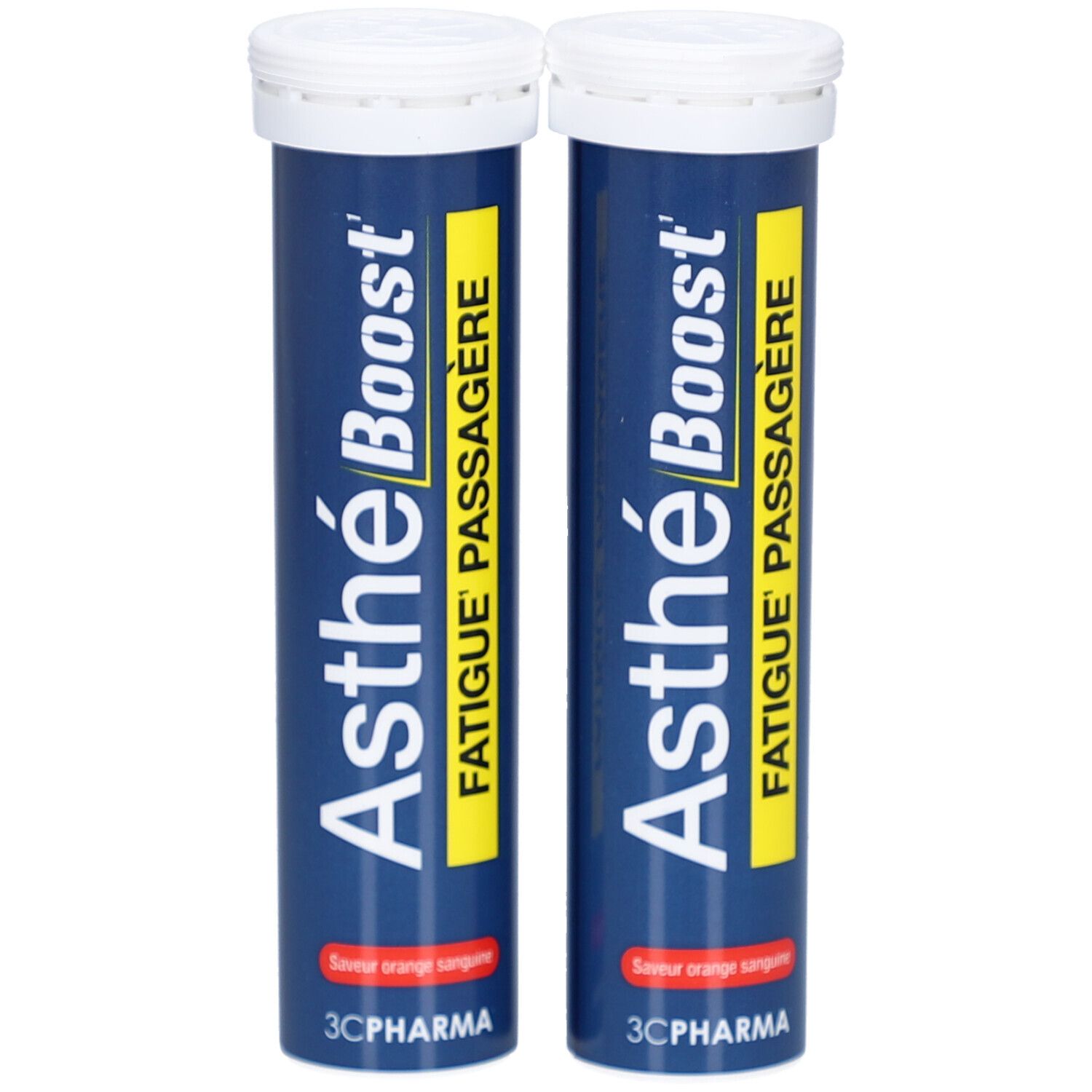 Deux tubes bleus avec bouchons blancs. Inscription: Asthé Boost, Fatigue Passagère. Bande jaune avec texte. Logo 3C Pharma.
