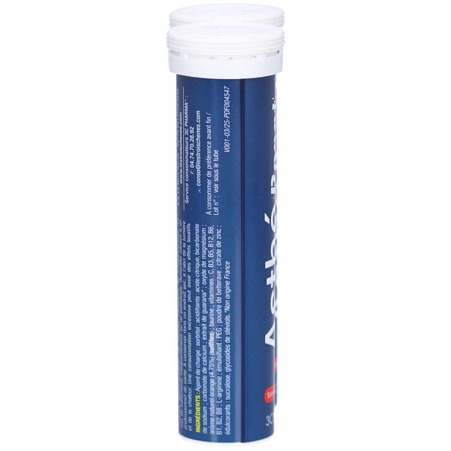 Tube bleu avec bouchon blanc. Texte: Asthé Boost, Fatigue Passagère. Ingrédients et informations fabricant imprimés.