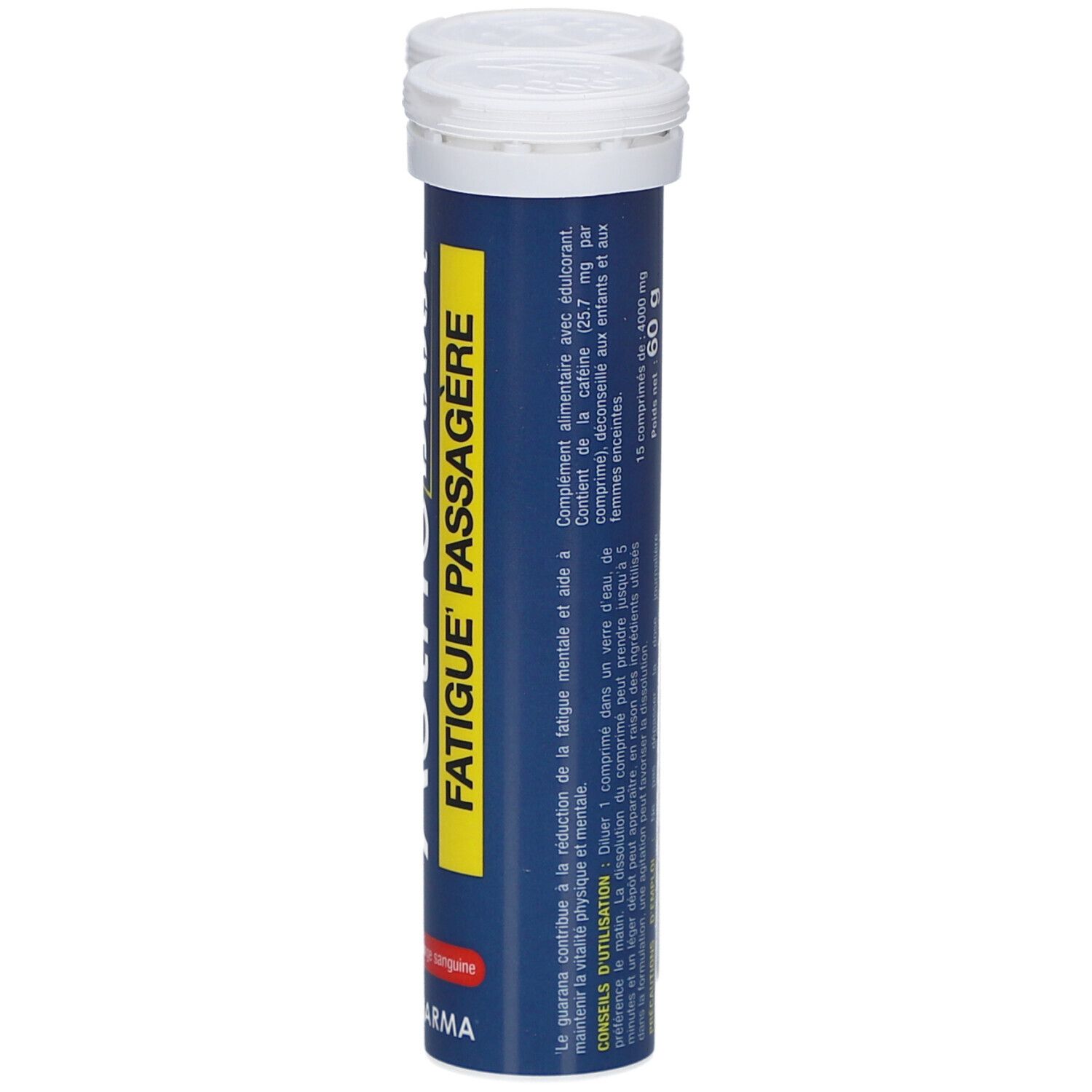 Tube bleu avec bouchon blanc. Texte: Asthé Boost, Fatigue Passagère. 60 g. Contient 15 comprimés. Informations fabricant.