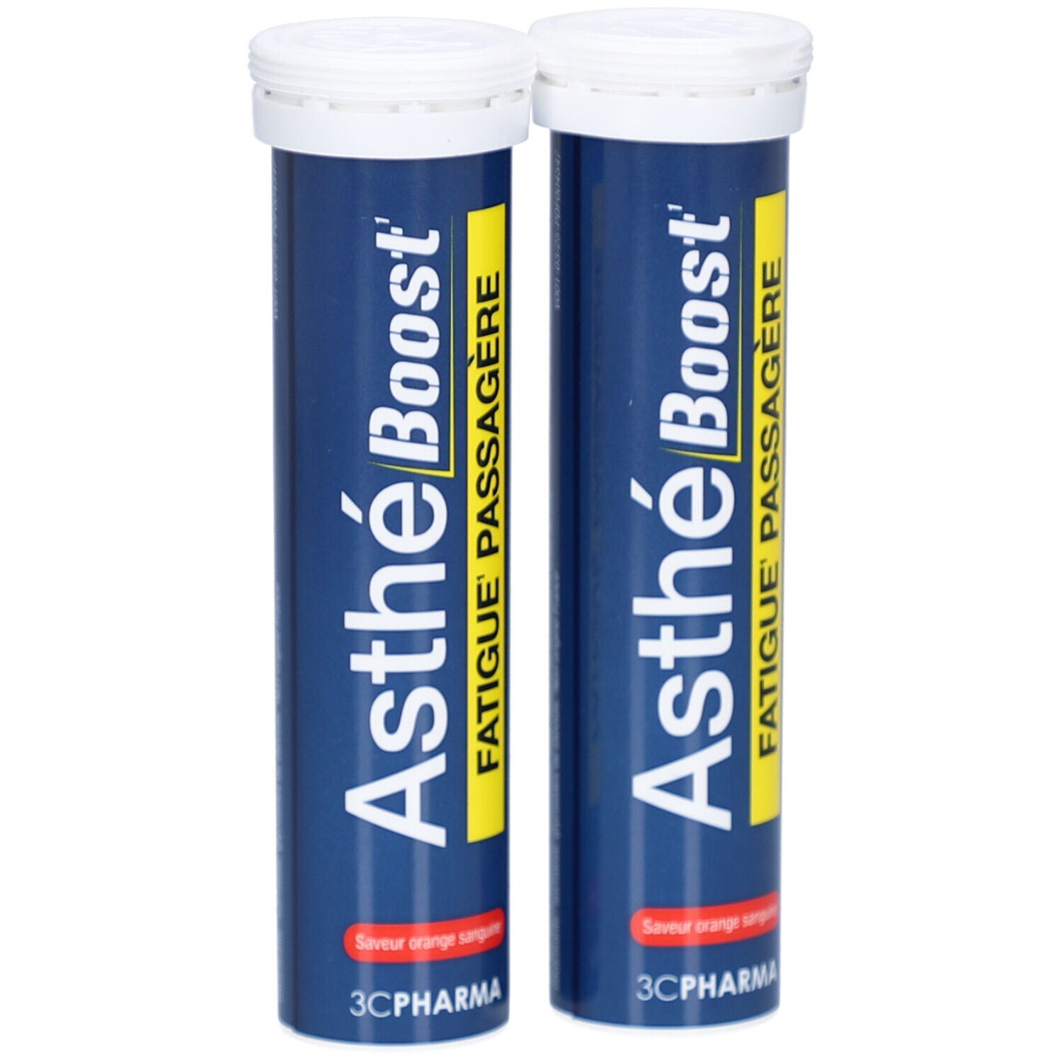 Deux tubes bleus avec bouchons blancs. Inscription: Asthé Boost, Fatigue Passagère. Bande jaune avec texte. Logo 3C Pharma.