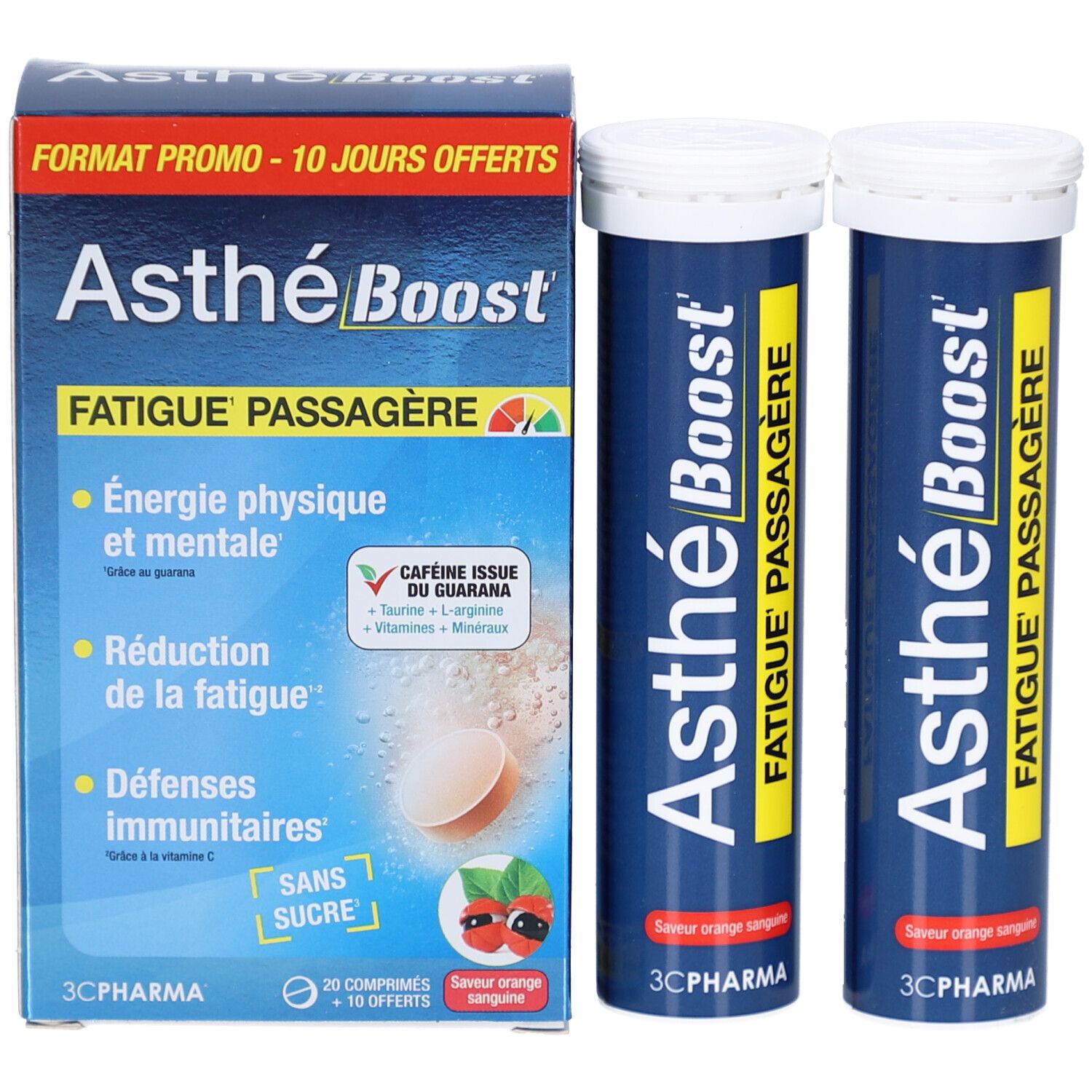 Emballage produit et deux tubes bleus. Emballage: Asthé Boost, Fatigue Passagère. 10 jours offerts. Logo 3C Pharma.