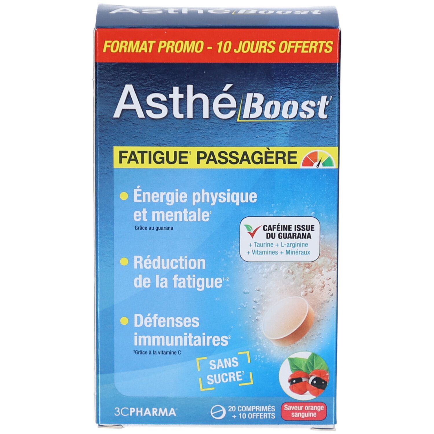 Emballage produit. Inscription: Asthé Boost, Fatigue Passagère. 20 comprimés + 10 gratuits. Logo 3C Pharma.