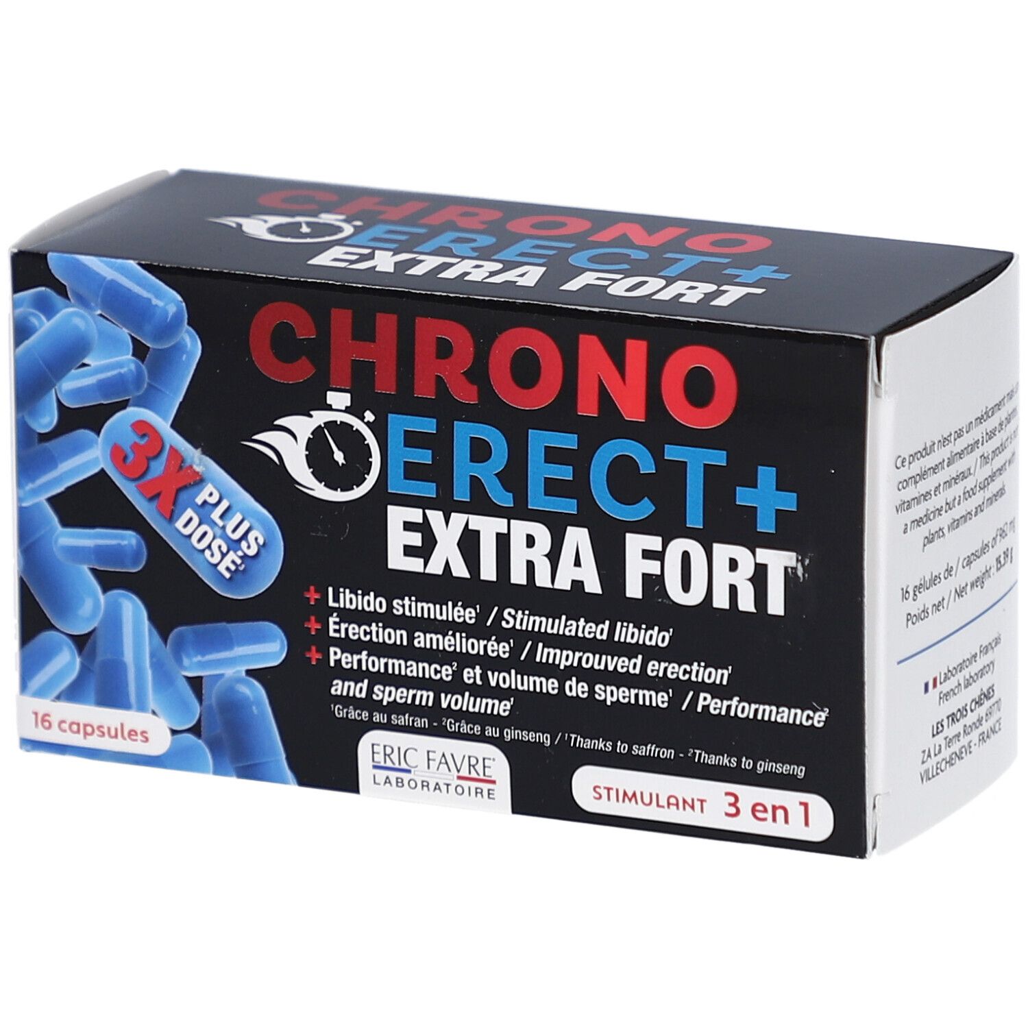 Boîte avec gélules bleues. Inscription: CHRONO ERECT+ EXTRA FORT. 16 gélules. Logo: 3X PLUS DOSE. Marque: ERIC FAVRE LABORATOIRE.